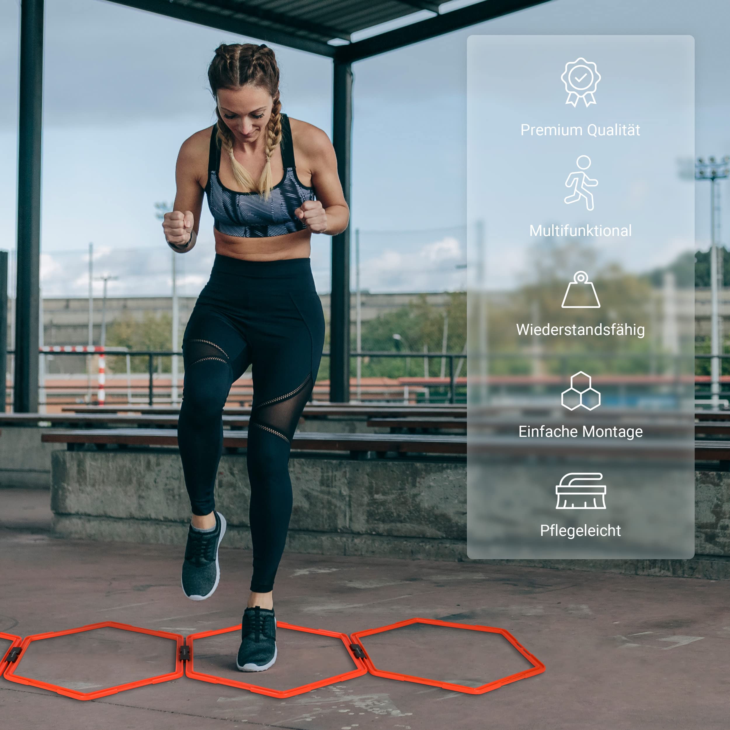 MSPORTS Koordinationsleiter Professional Multifunktional, 6X Hexagon-Elemente als Agility-Leiter u. Hürden kombinierbar Trainingsleiter Fußball Koordinationstraining Leiter