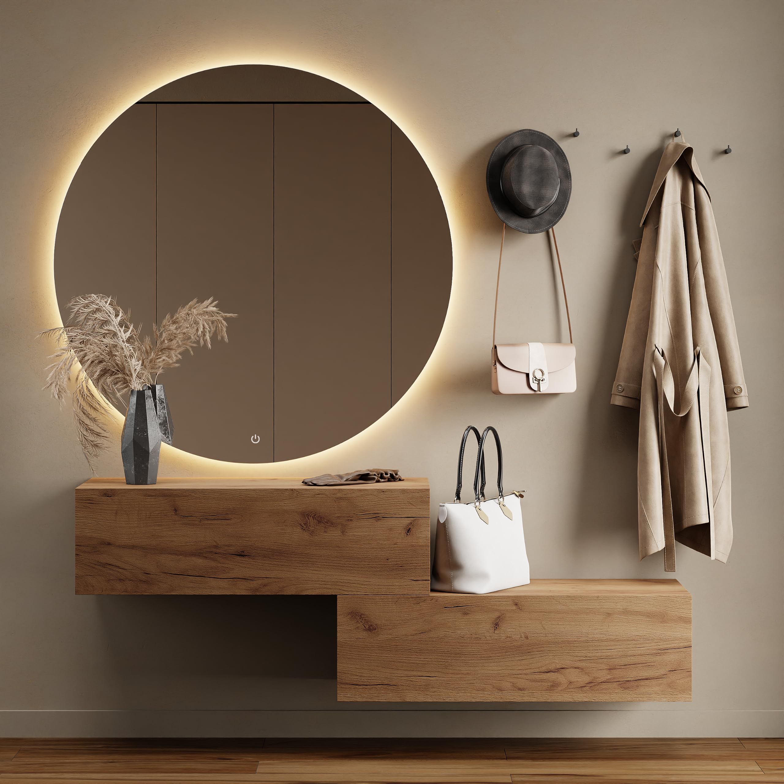 Planetmöbel Meuble d’Entrée avec Armoire Murale 2X 100 cm, Chêne doré, Vestiaire Compact avec Rangement à Abattant, Suspendue ou à Poser, 37,8 x 100 x 32,5 cm