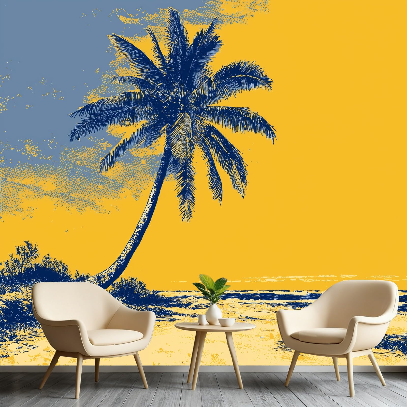 Papier peint palmiers 6D décor de plage tropicale jaune et bleu salon 280x200cm A4147