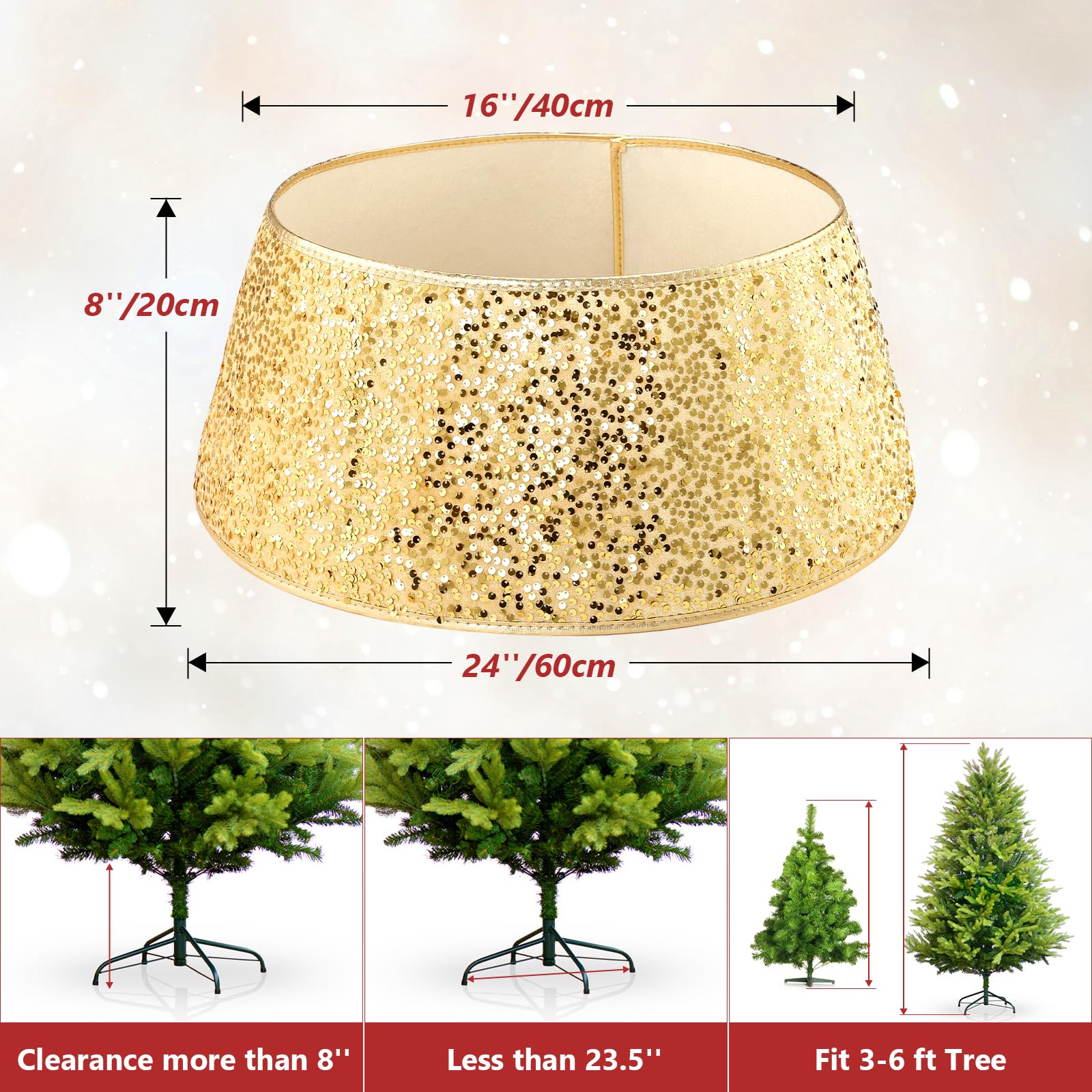 LIHAO Copri Base Albero Natale Oro Glitter, 40×20×60CM, Anello per Albero di Natale
