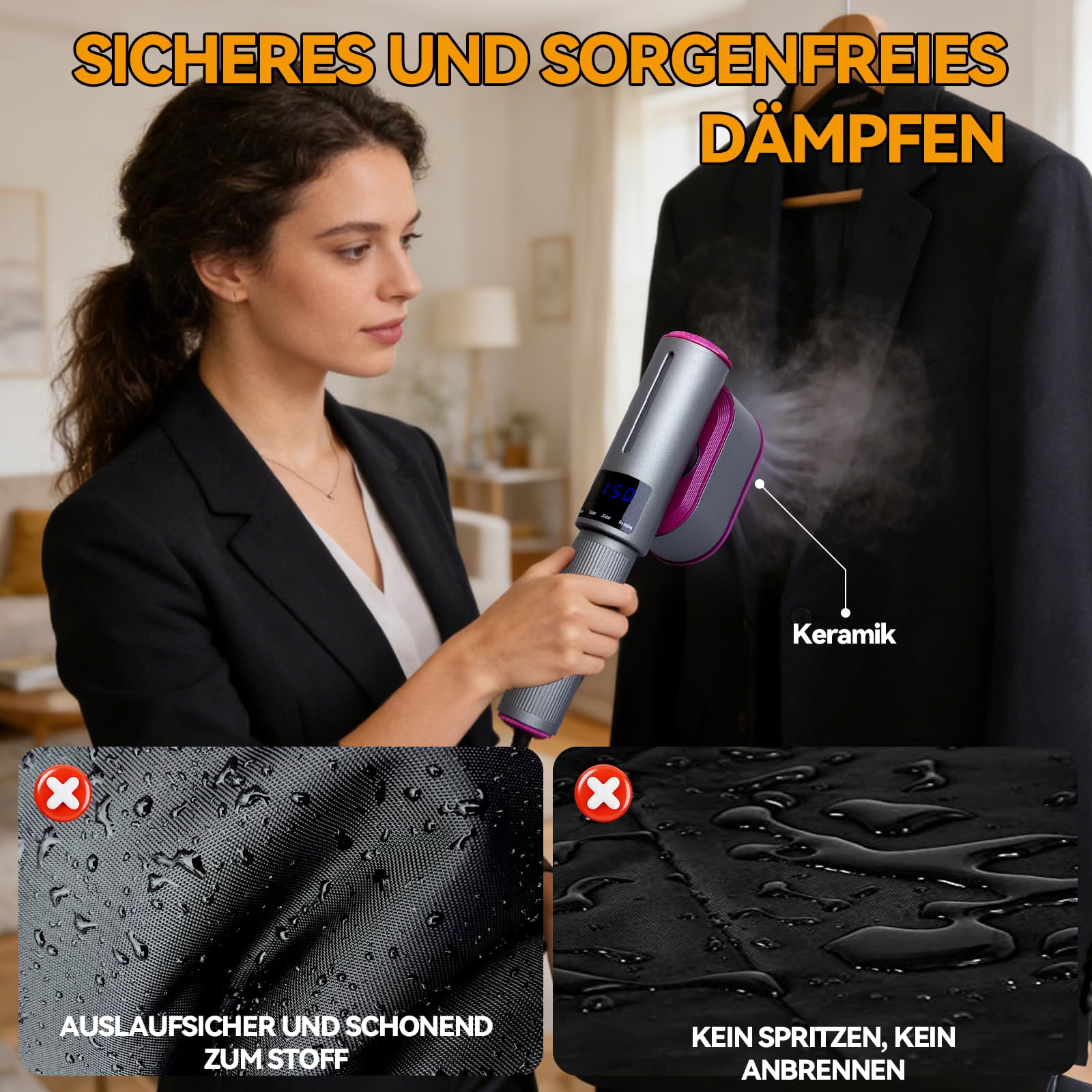 Reise Dampfglätter, 2 in 1 Tragbarer Dampfsteamer für Kleidung mit 100 ml Wassertank & 1200 W, 15 Sekunden Schnellaufheizung, LED-Display, Handheld Reisebügeleisen, Grau und Lila
