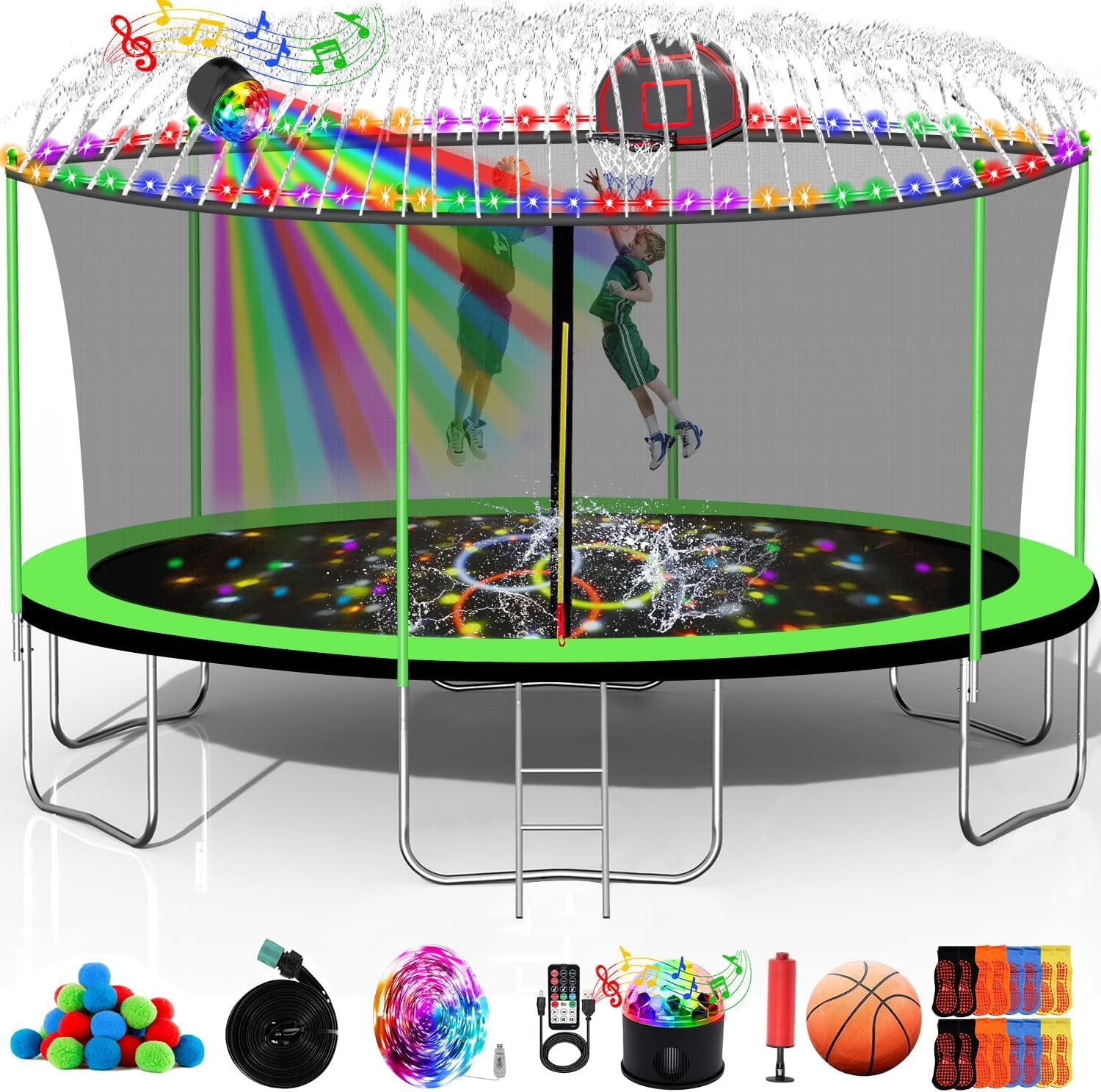 Pvillez 1500LBS 10FT 12FT 14FT 16FT Trampoline for Kids Adults with Basketball Hoop, Enclosure Net, Sprinkler, Lights, Disco Ball with Speaker, Heavy Duty Trampoline Outdoor Trampolines 14 FT Green