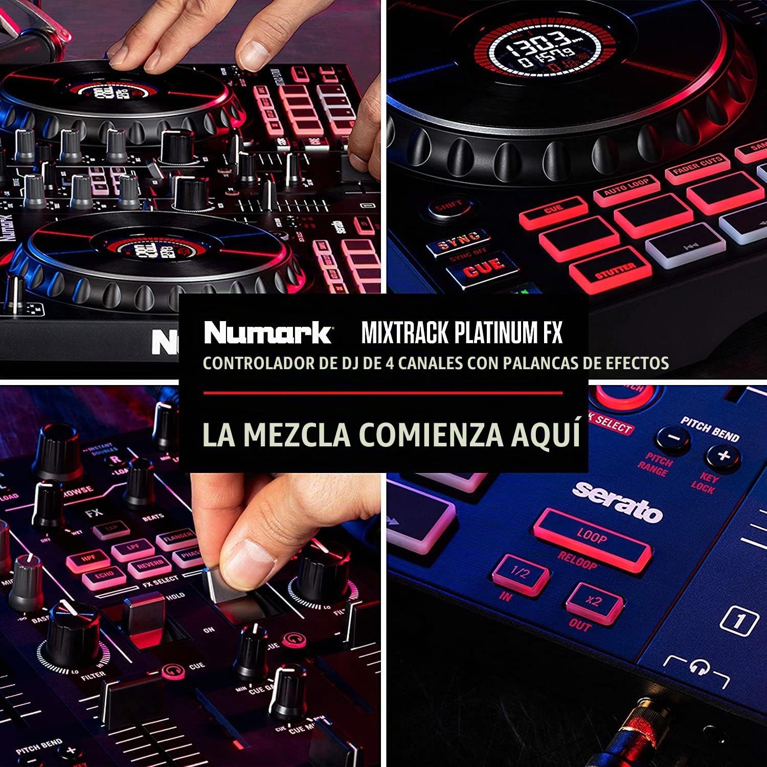 Numark Mixtrack Platinum FX + HF125 – Controlador DJ de 4 secciones para Serato DJ con mezclador DJ e interfaz de audio + Auriculares de DJ Profesionales