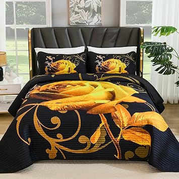 Xruibed Yellow Quilt Set Queen Size, 3 Pieces Rose Floral Quilt Set Botanical Bedspread with 2 Pillow Shams, Soft Micorfiber Lightweight Flower Coverlet Bedding Set for All Season 90"x96"