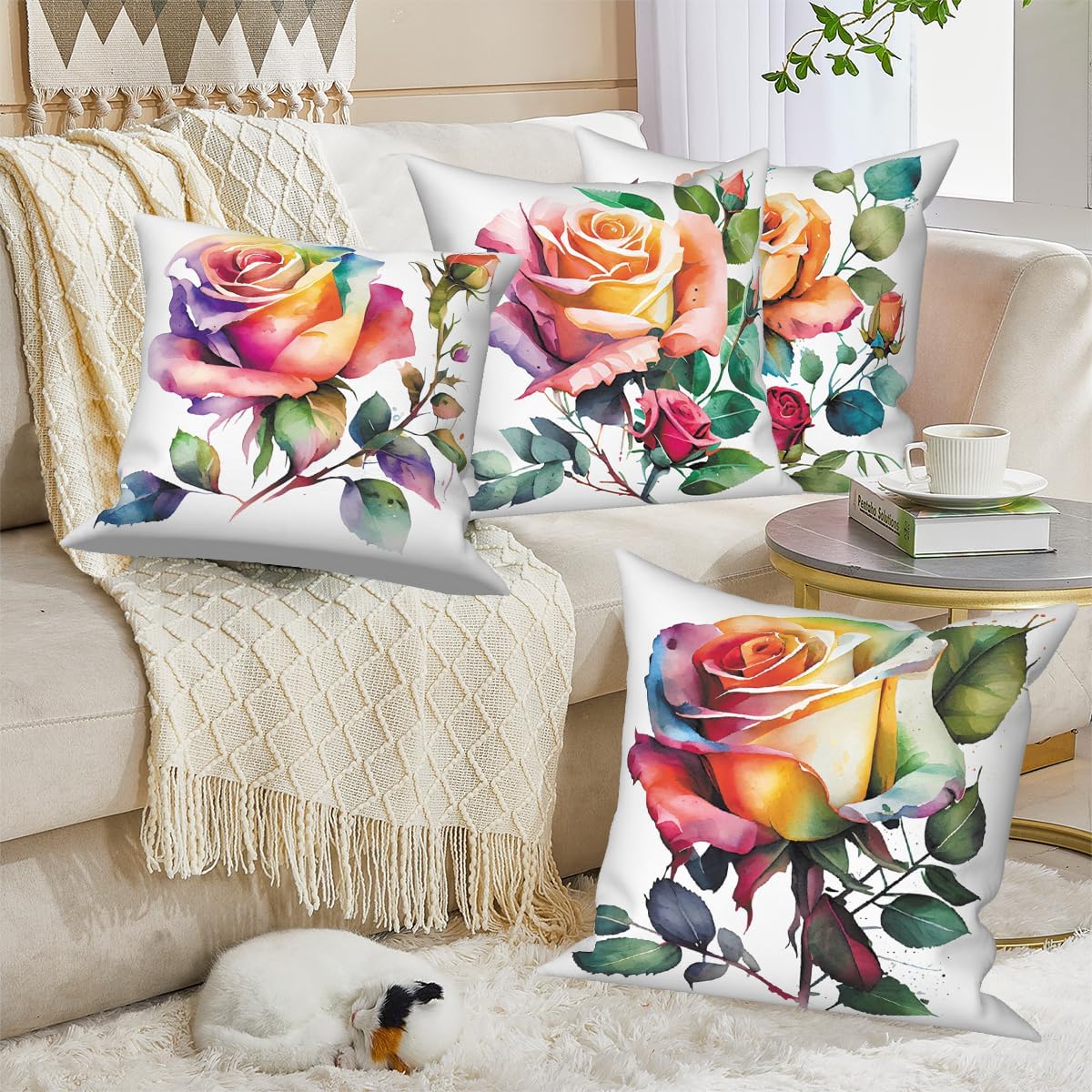 4 Pcs/Set Floral Pillow Covers Colorful Rose Flowers Green Leaves Gradual Color Petals Watercolor Romantic Throw Pillow Covers for Outdoor Home Couch Sofa Farmhouse Patio Decor, 18"x18"