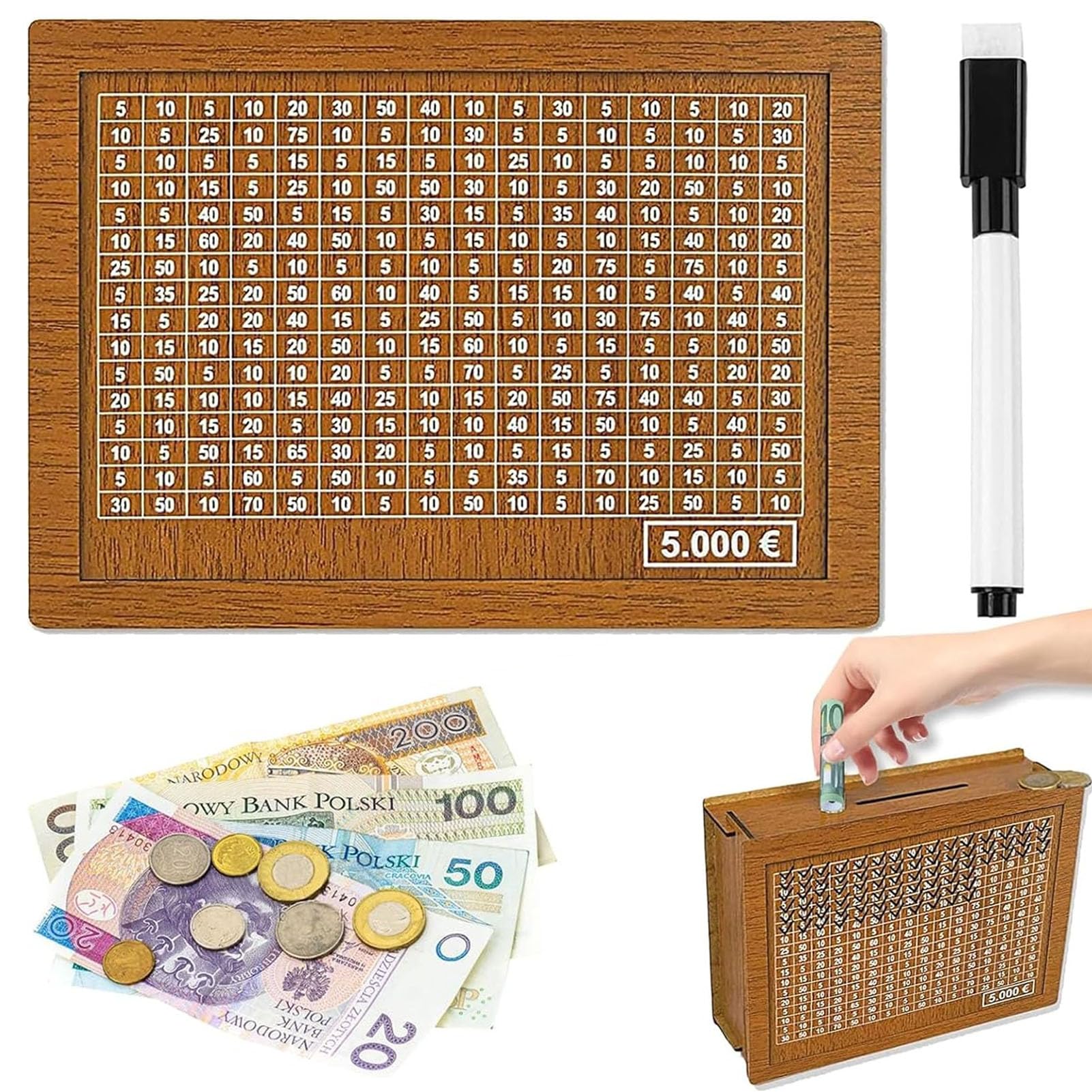 Hucha Contador de Madera, Caja de Monedas para Niños, Ahorro con Objetivo