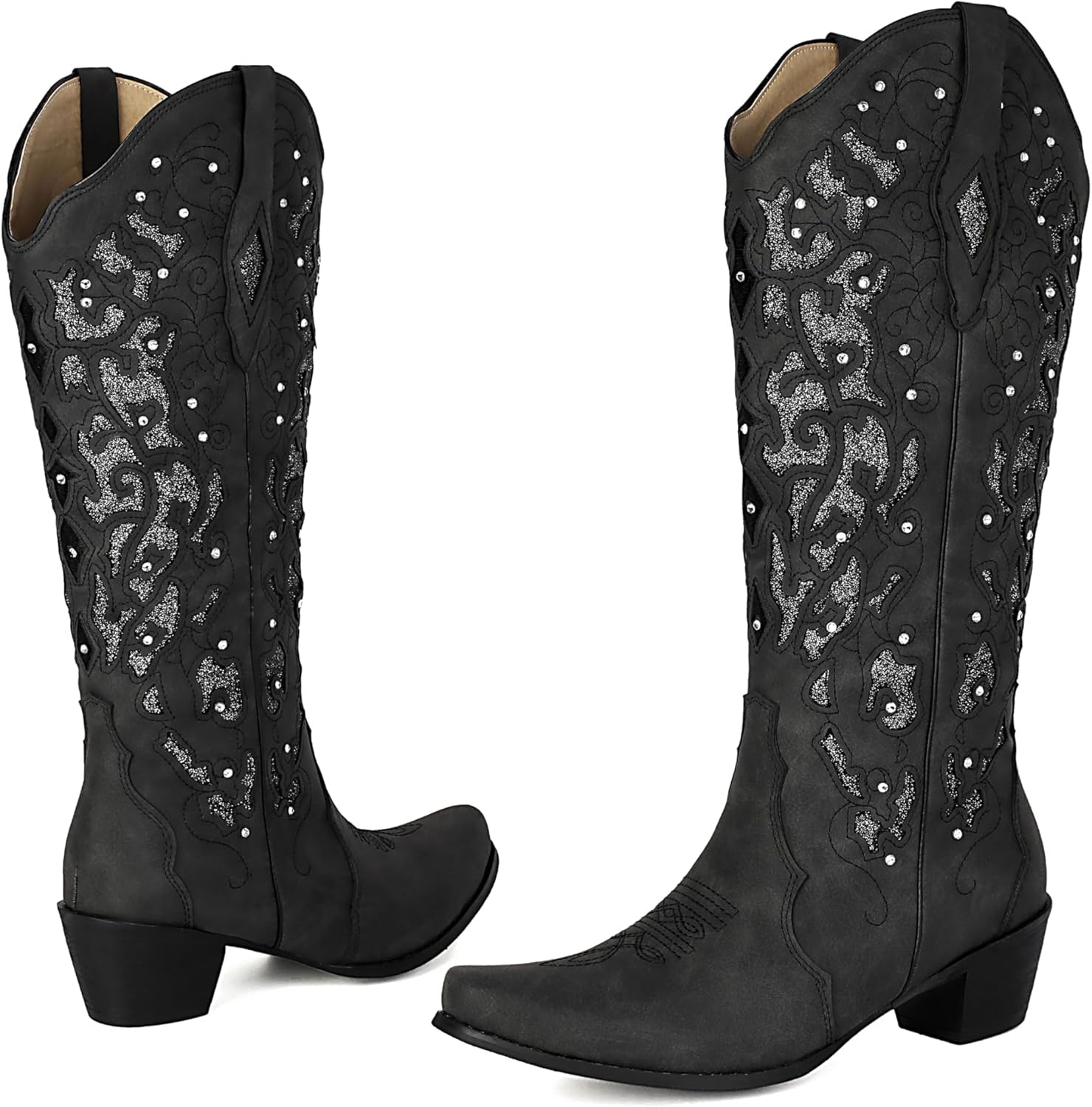 Womens Cowgirl Boots Sparkly Rhinestone Chunky Heel Pointed Toe Knee High Western Cowboy Boots for Women - Image 5