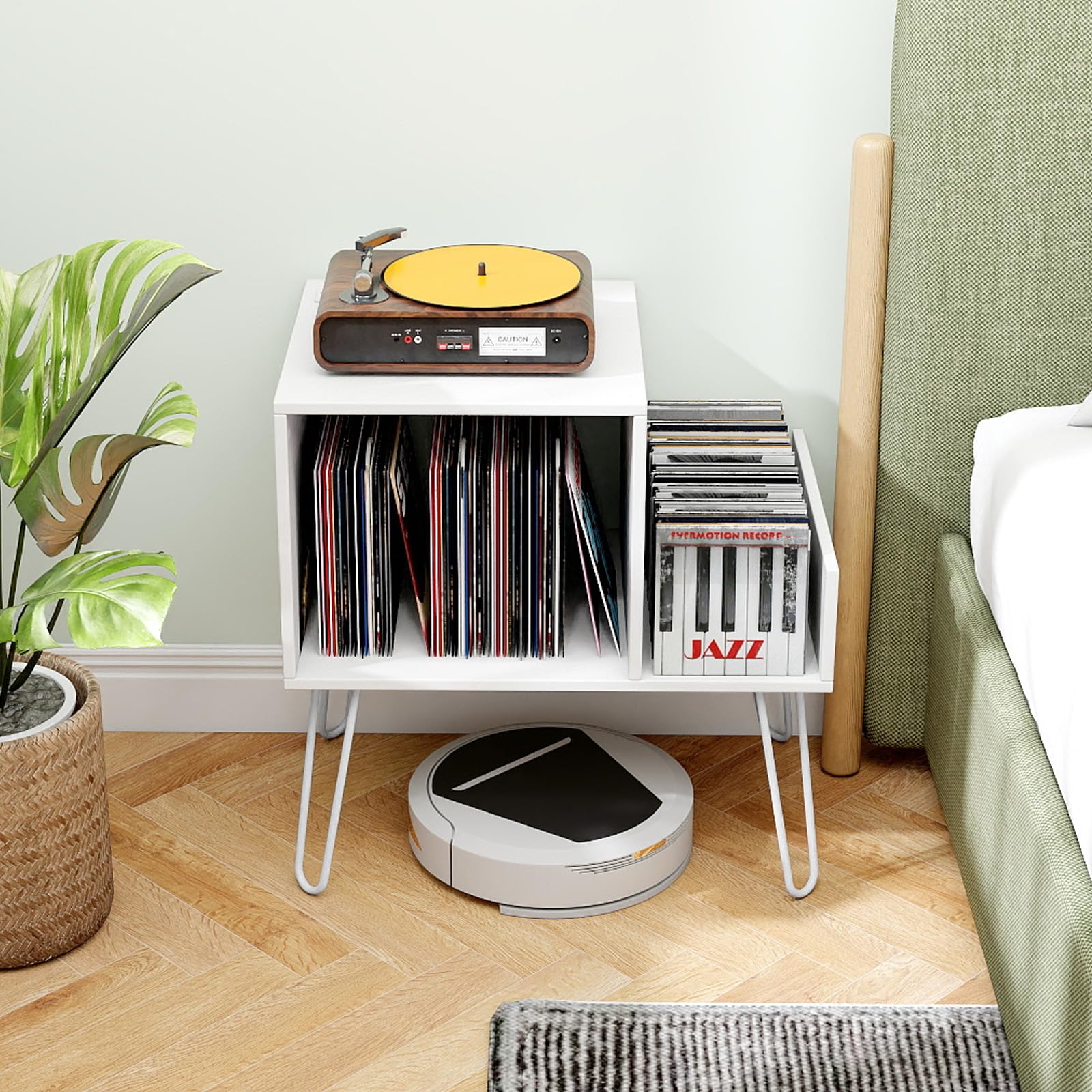 COSTWAY Support Tourne-disque avec Prise, Meuble Tourne-Disque Vinyle pour 145 Albums, Station de Charge, 2 Ports USB, 4 Pieds Amovibles, 3 Séparateurs, Étagère sur Table(Blanc)