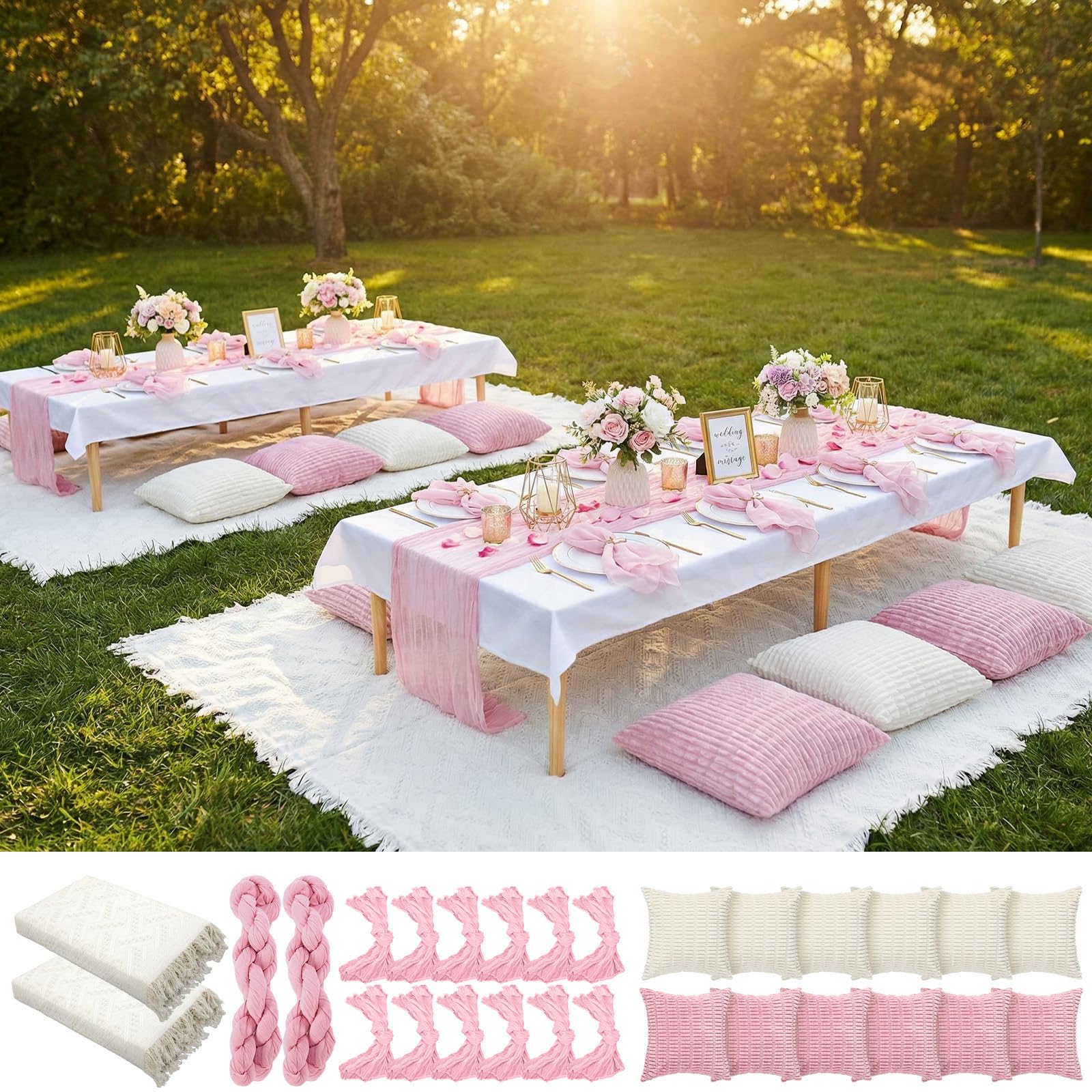 Photo 1 of Beeveer 91 x 71 Extra Large Outdoor Boho Picnic Blanket with Pink Table Runner, 12 Throw Pillow Covers 12 Napkins Woven Cotton Yarn Oversize Beach Blanket Washable Picnic Camp Wedding