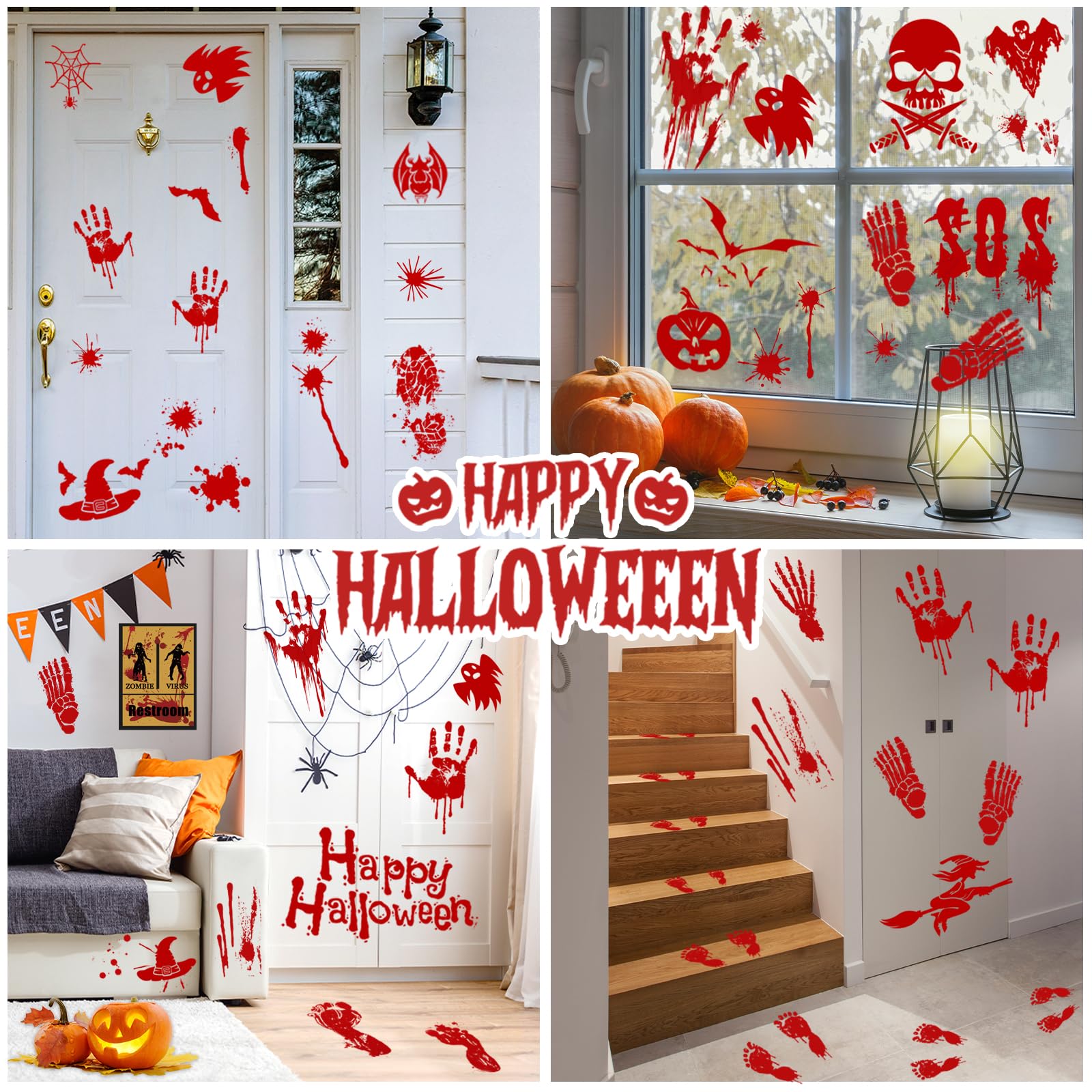 AhfuLIfe Halloween Fensterdeko Set - 191 Blutige Handabdrücke & 10 Grusel-Tattoo Sticker