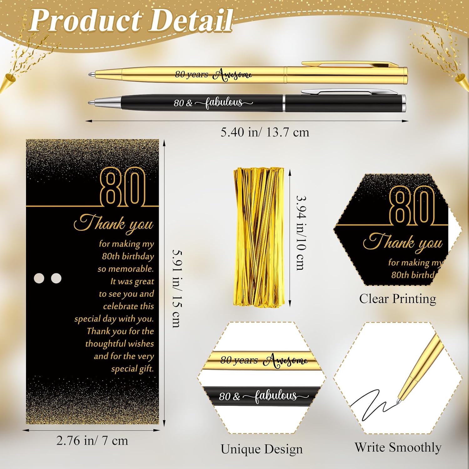 Feifeiy 25 Sets 80th Birthday Party Favors for Guests with Golden Birthday Ballpoint Pens and Thank You Cards for Men Women Anniversary Wedding New Year Gifts - Image 2