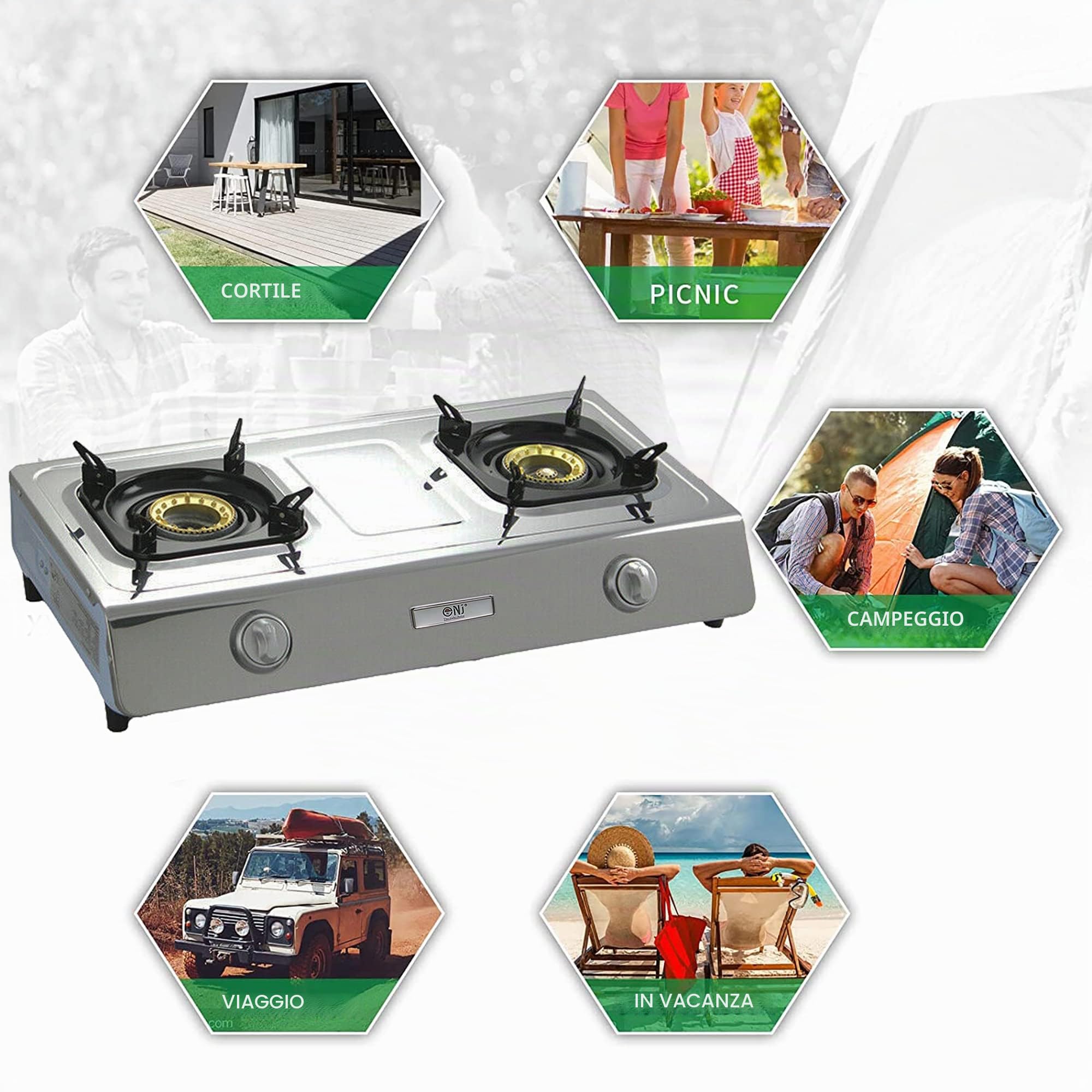 NJ NGB-200 Fornello a Gas Portatile 2 Fuochi Inox per Campeggio