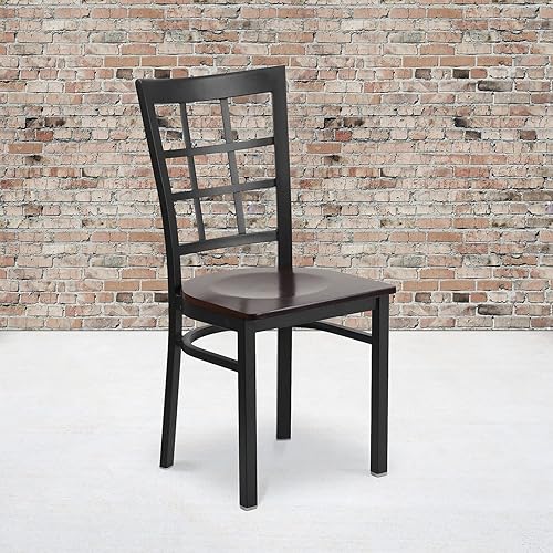 Miniatura 2 de Flash Furniture HERCULES Series - Silla de restaurante de metal con parte trasera de ventana negra, asiento de madera de nogal