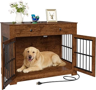 Dog Crate Furniture with Storage Dog Kennel w/2 Drawers, 44.5 Heavy-Duty Wooden Dog House Indoor End Table Tv Stand with Charging Station Pet Cage for Small/Medium DogsBrown