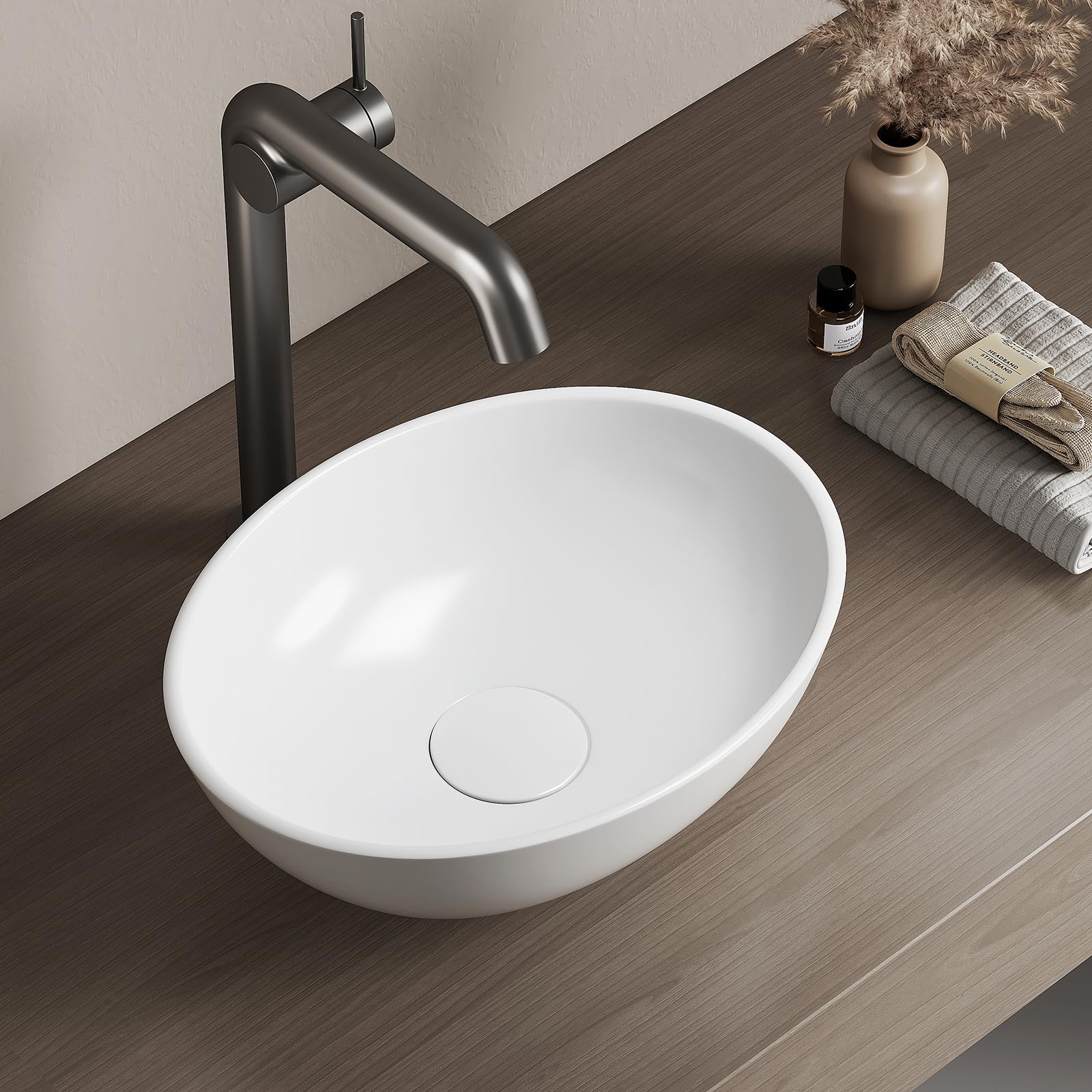EMKE Lavabo da Appoggio Ovale 35×27×11cm, Vasca in Ceramica per Bagno e WC Ospiti, Mini Lavabo Piccola, Bianco