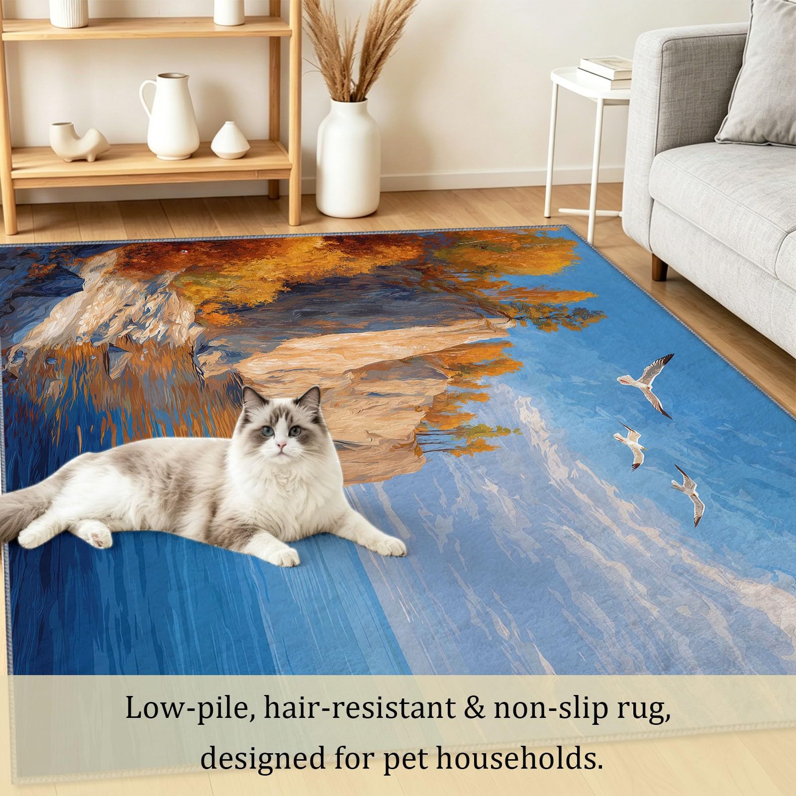 Tappeto lavabile per soggiorno con paesaggio naturale, 240 x 300 cm, grande tappeto per interni a pelo basso scogliera con foglie autunnali, antiscivolo, super morbido, per camera da letto, sala da