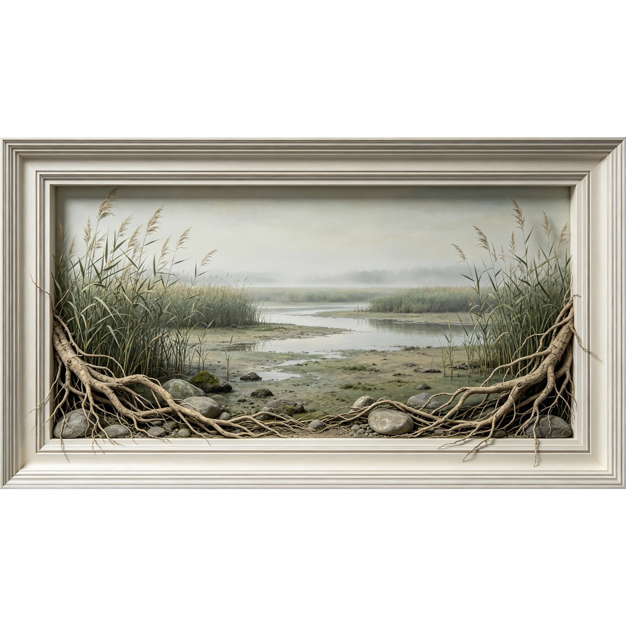 QZLITHOTIC 50×90cm3D Framed Wall Art， Marshland Wetland Landscape SelfAdhesive Mural， Water?Activated Peel & Stick Fabric Decor Wall Decal for Bedroom Living Room