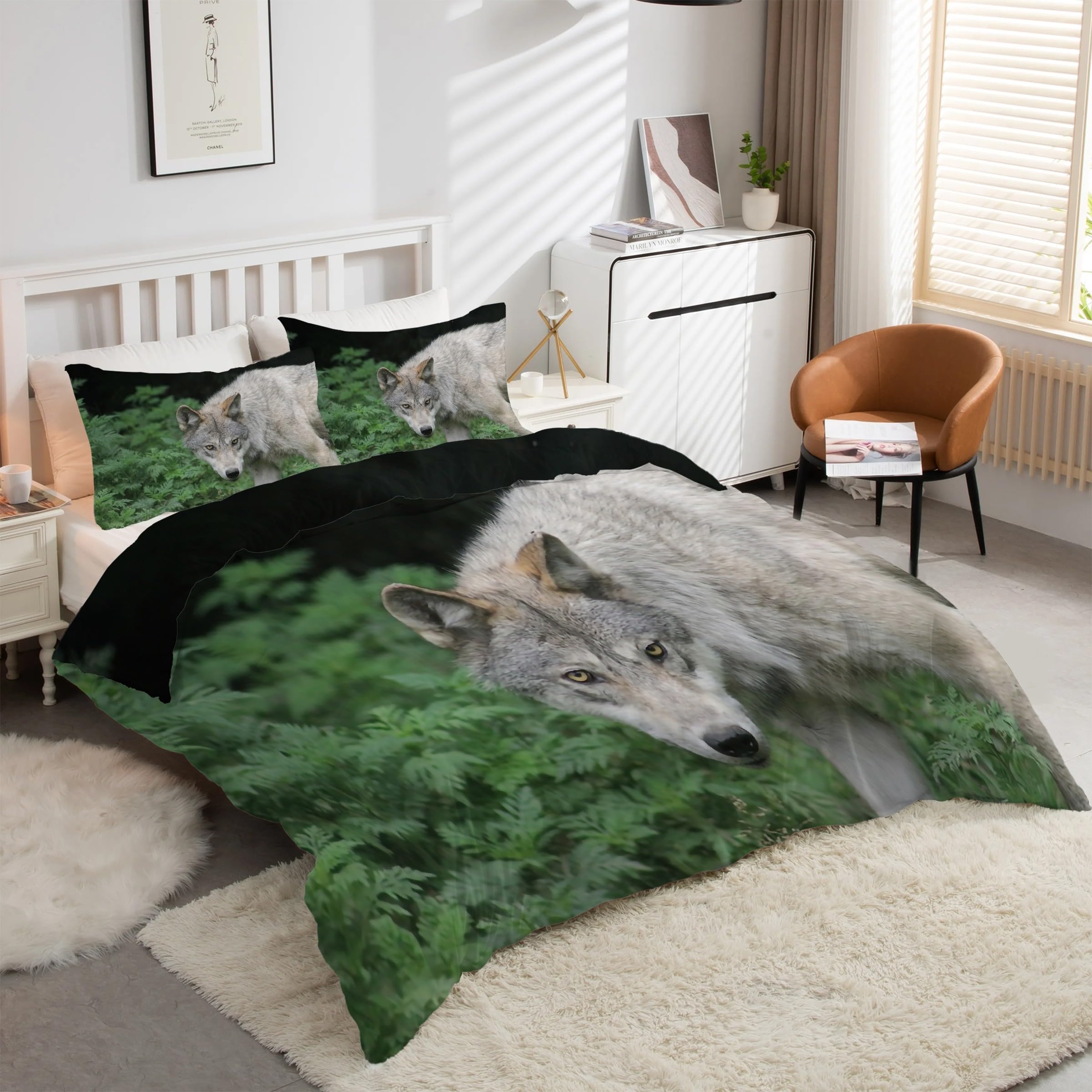 Parure de lit loup gris housse couette 220x240 microfibre au toucher soyeux