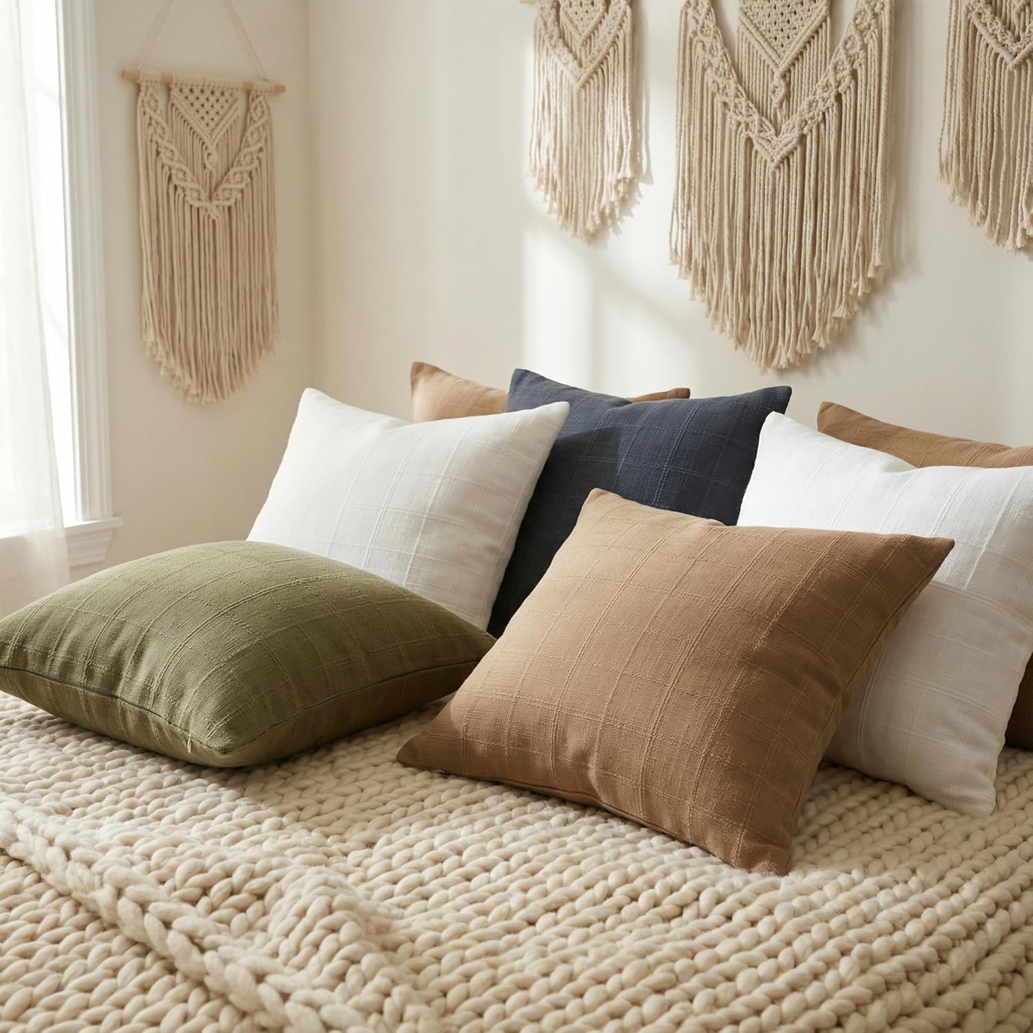 BOYSUM 18x18 Throw Pillow Covers Set of 4 Linen Blend Check Textured Decorative Cushion Cases Modern Accent Covers Farmhouse Boho Decor Pillow Cases for Couch Sofa Bed Coffee