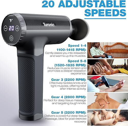 Miniatura 5 de Turonic Pistola de masaje profesional de mano – Masajeador de percusión de tejido profundo, 20 velocidades, 7 cabezas, silenciosa, potente