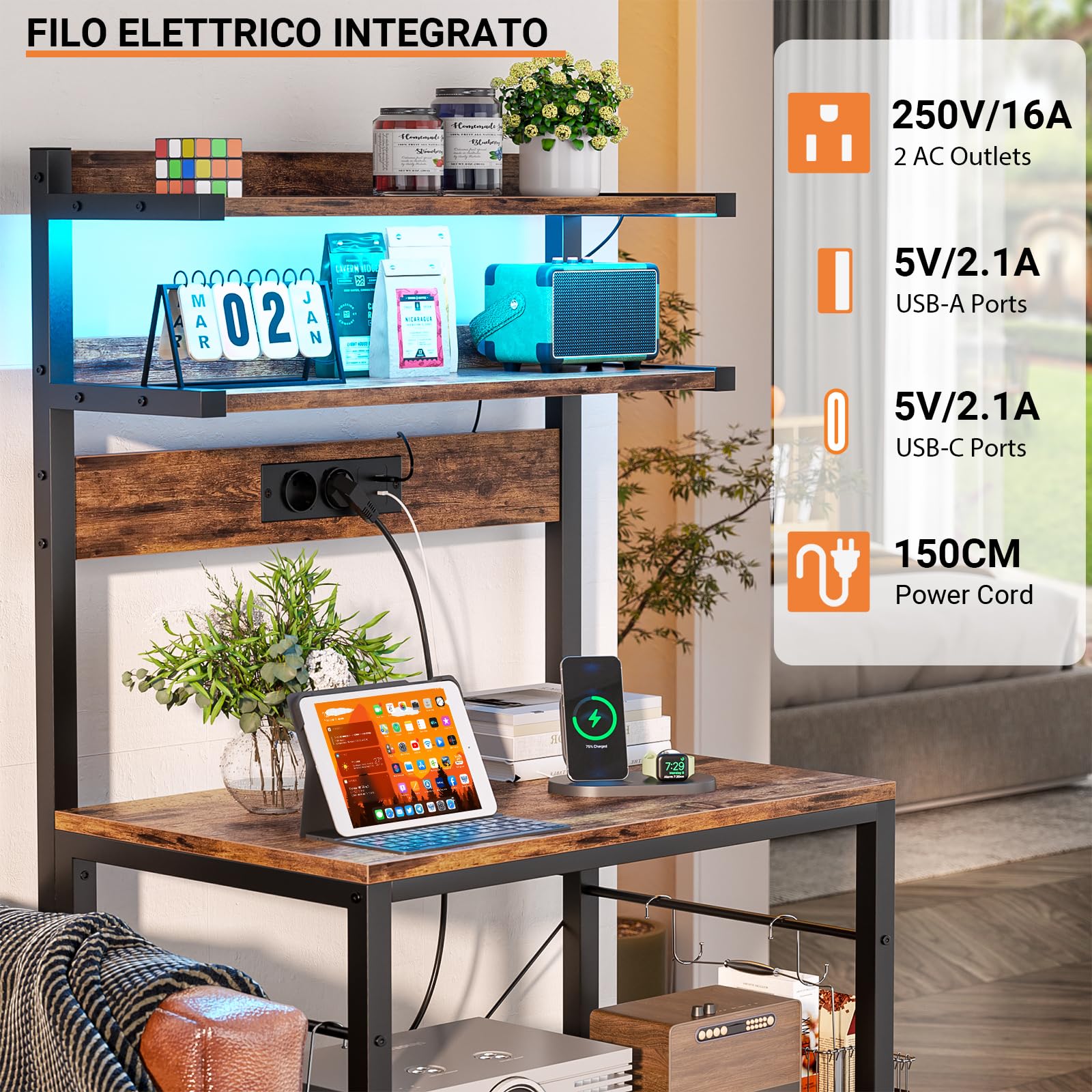 iSunirm Scaffale Cucina con Multipresa,Supporto per Forno a Microonde con Striscia Luminosa a LED,Portaoggetti a 5 Ripiani con 6 Ganci per Bar,40 x 60 x 147 cm,Marrone