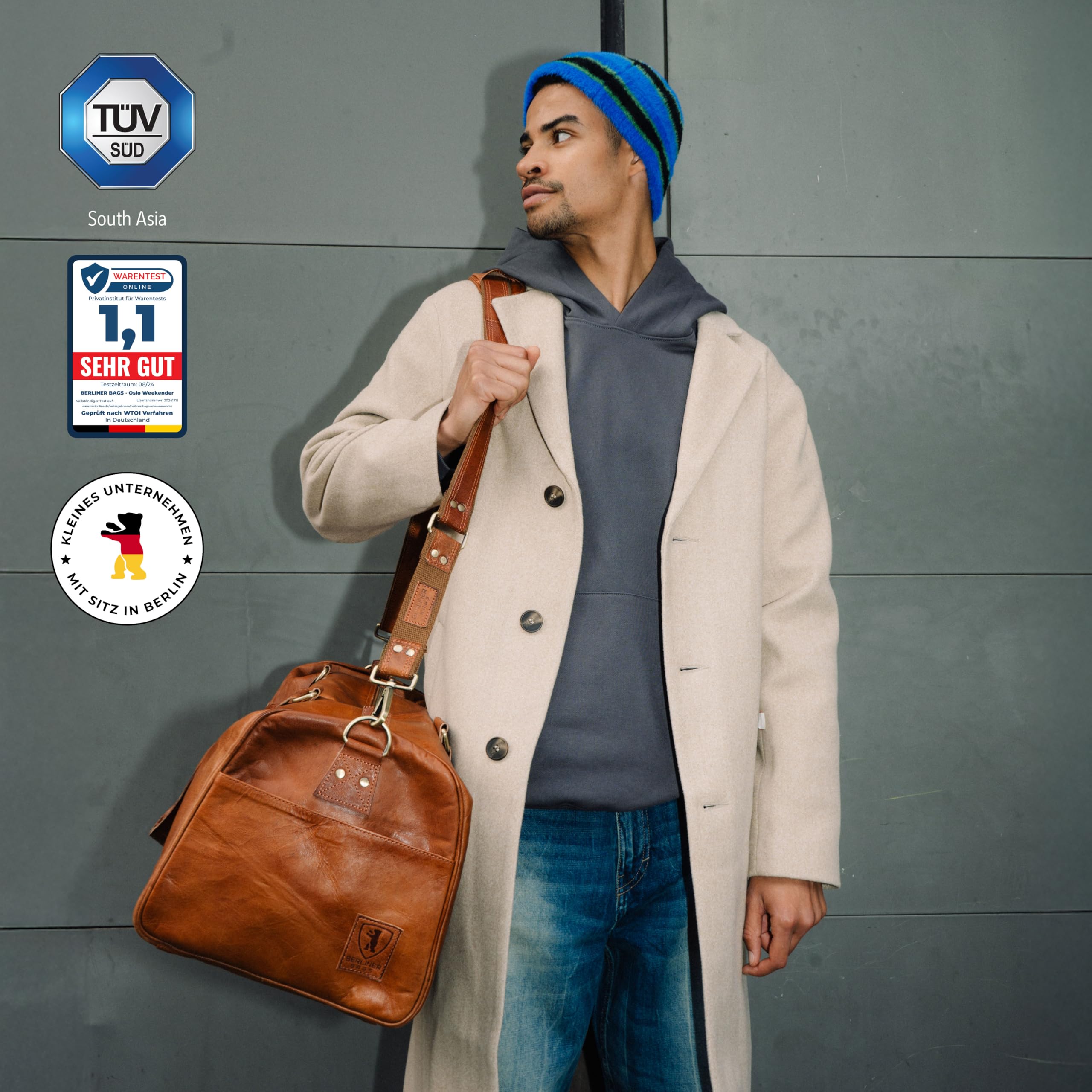 Berliner Bags Vintage Weekender Oslo wasserdichte Reisetasche aus Leder Duffel Bag 50L Braun