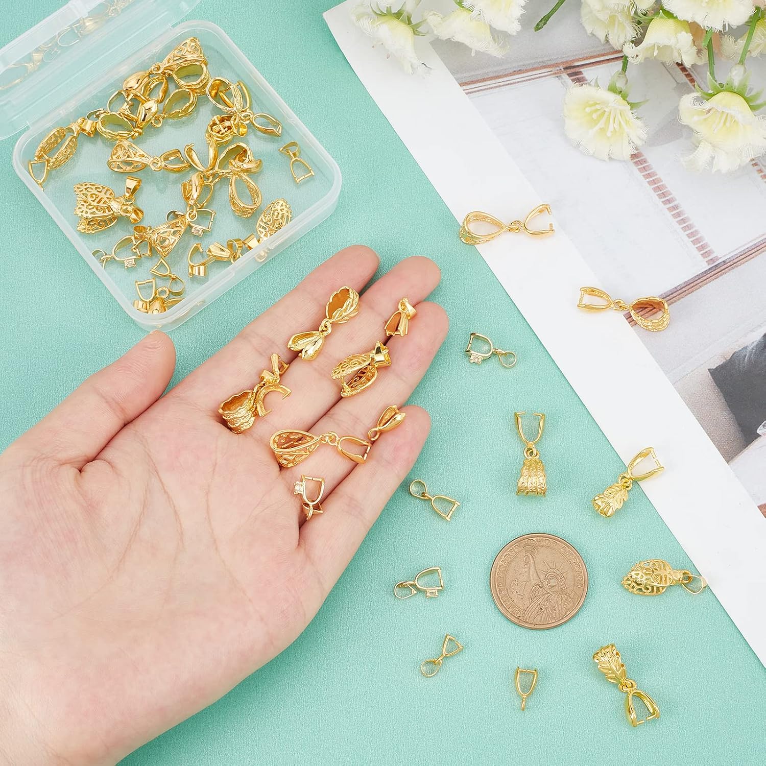 SUPERFINDINGS 48Pcs 8 Style Brass Pendant Pinch Bails Ice Pick Pinch Bail 12~18x3~10mm Bead Pendant Connector Filigree Rack Plating Jewelry Clasps for Jewelry Pendant Making, Hole: 2~9mm image 3