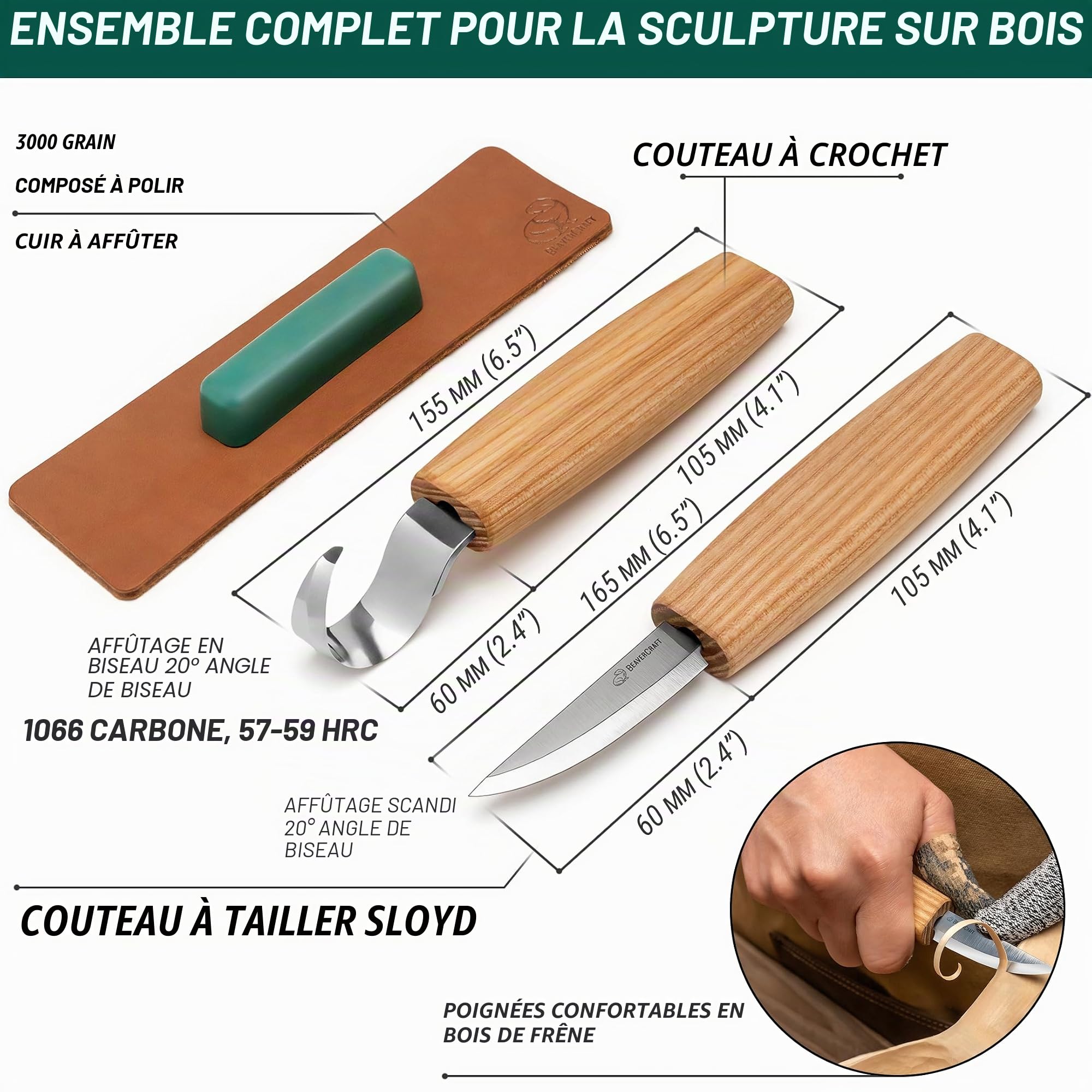 BeaverCraft S01 Set de Couteaux pour Sculpter des Cuillères en Bois Kit d'Outils de Fabrication de Cuillères Couteau à Crochet Couteau à Droite Coupe Kuksa pour Débutants et Professionnel