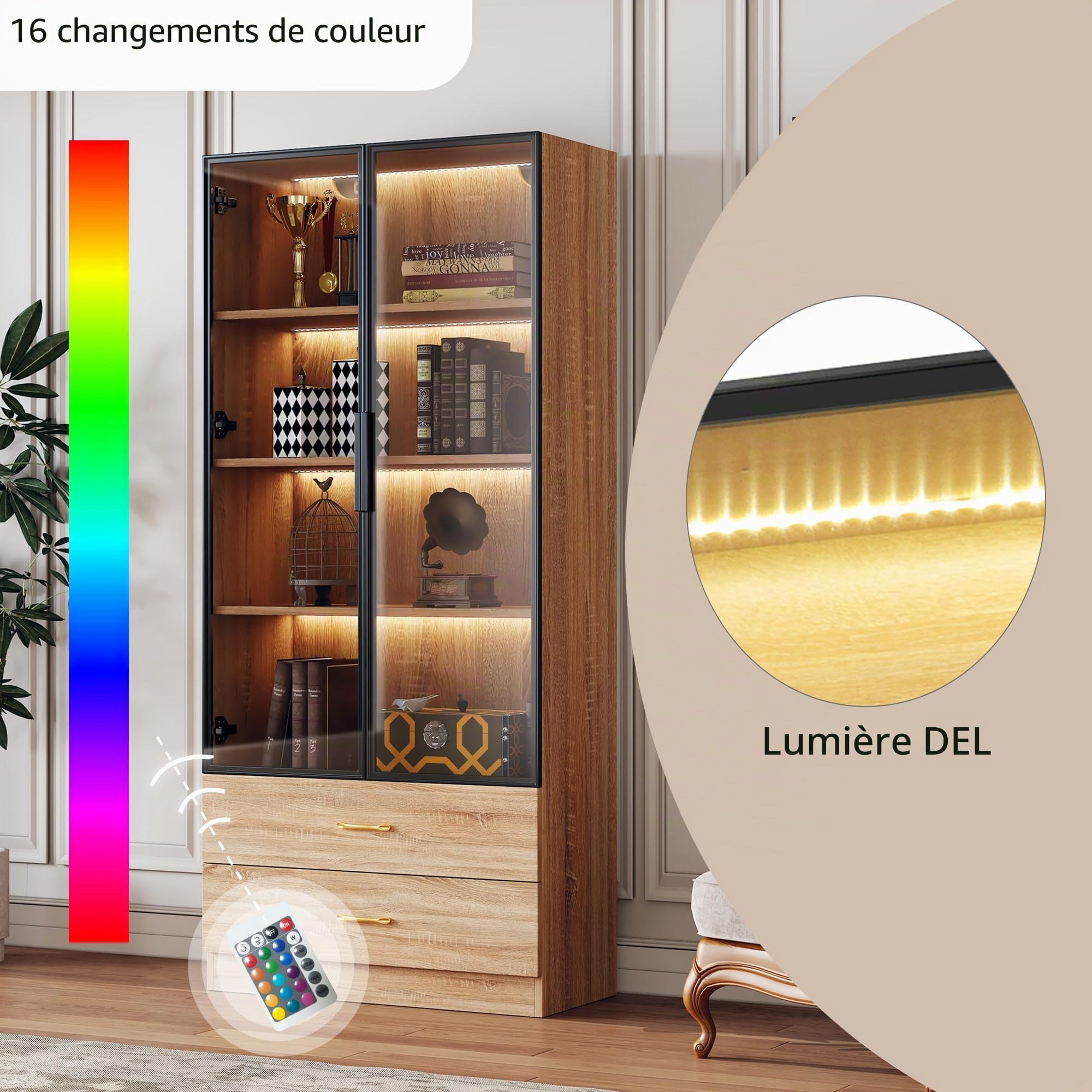 Merax Vitrine de rangement pour salon, salle de bain avec LED, 75 cm de large, 2 tiroirs, 2 portes, porte en verre, design moderne pour salle de bain, bureau, couloir - Couleur bois