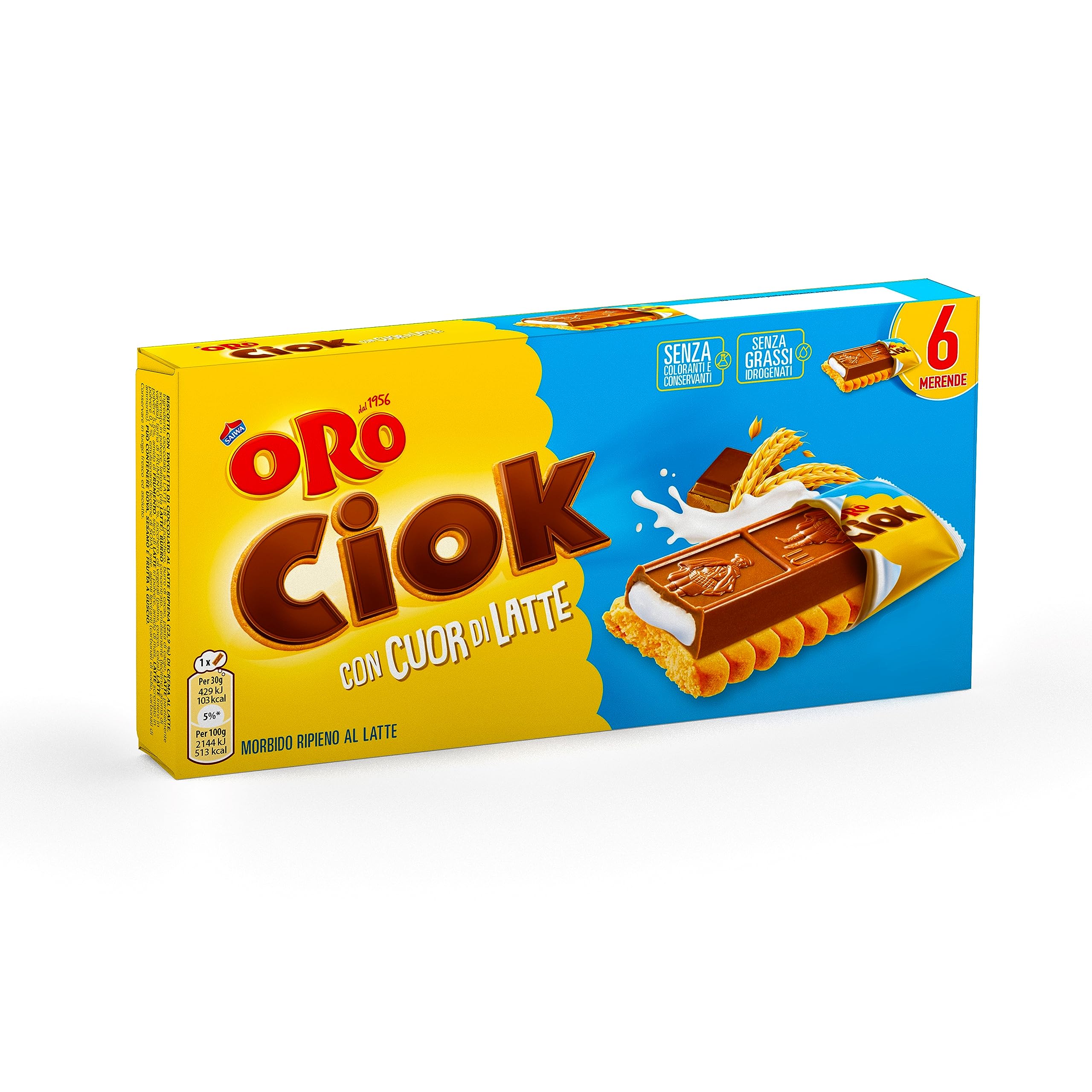 Oro Ciok Cuore di Latte, Biscotto con Tavoletta di Cioccolato al Latte Ripiena di Tenerissima Crema al Latte, Fonte Naturale di Fibre, Senza Coloranti e Conservanti, 120g (6 monoporzioni da 20g)