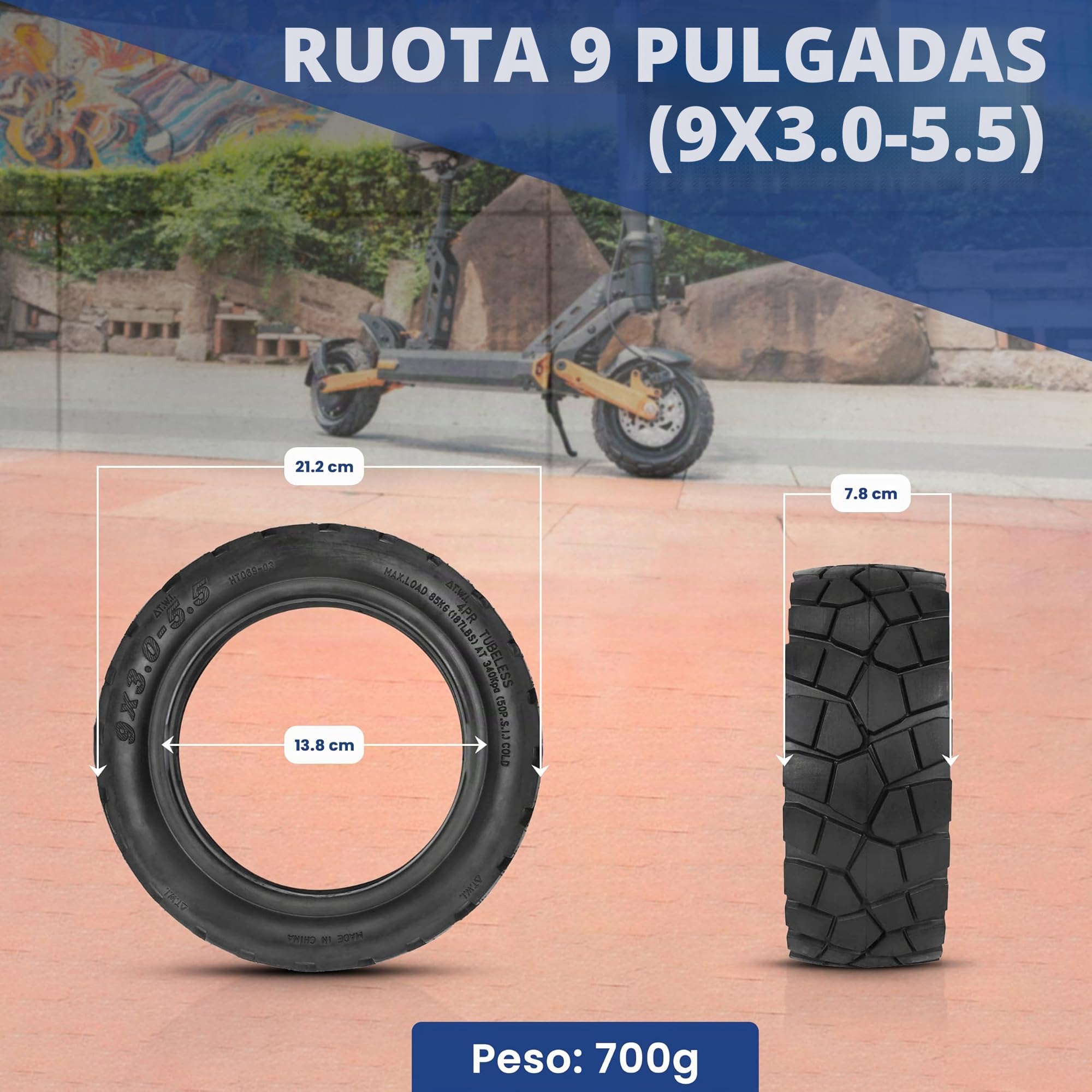 ANSENI Ruote Monopattino Elettrico 9X3.0-5.5, Gomme Tubeless 9 pollici, Pneumatico senza Camera d'aria per Monopattino Elettrico Kukirin G2 Pro, accessori di ricambi (1 unità)
