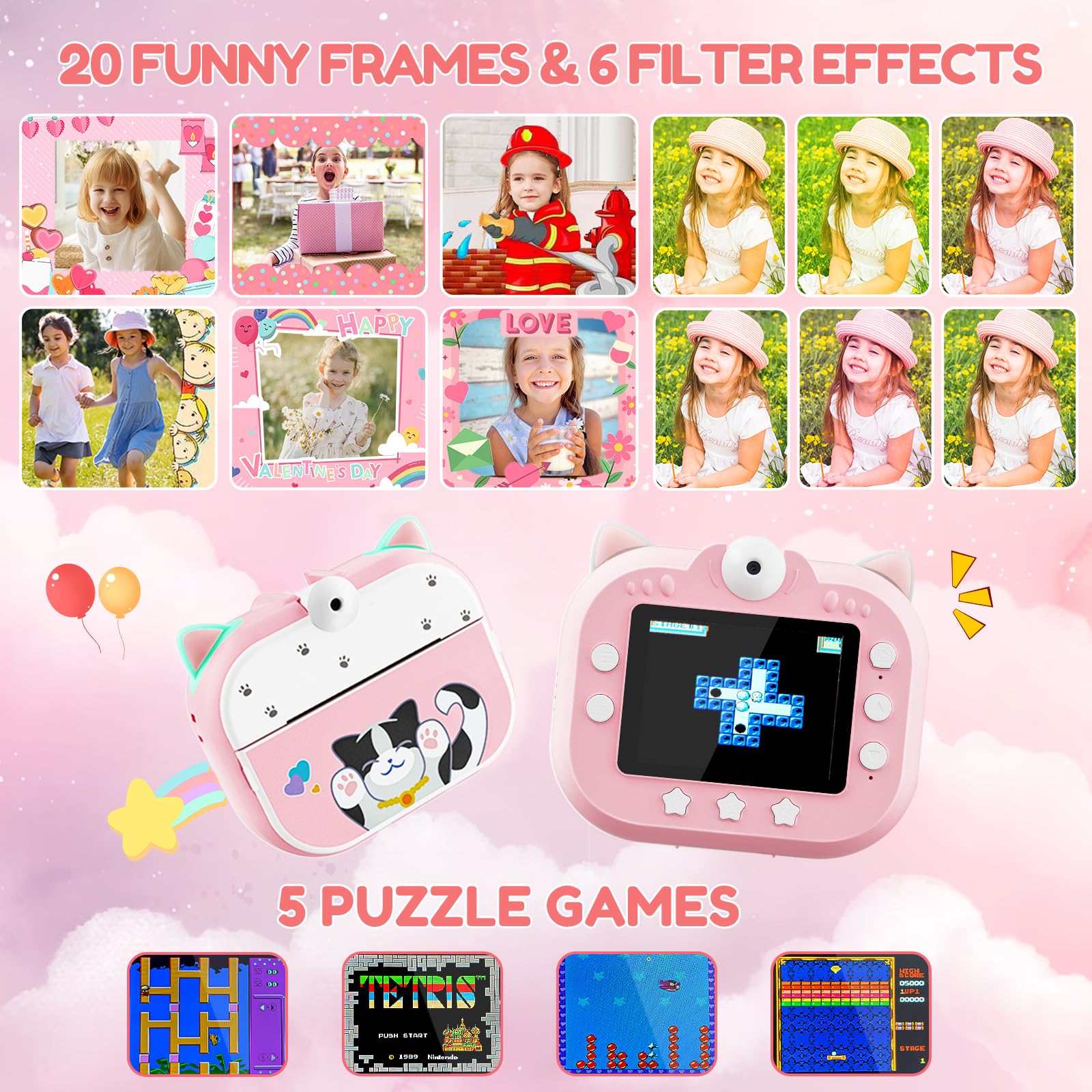 Macchina Fotografica Bambini Istantanea, Potuem 2.4 Pollici Digitale Fotocamera Bambini con Zoom 20X, Lente Ruotabile a 180°, 48MP/1080P Fotocamera Istantanea per Bambini, Regalo di Compleanno