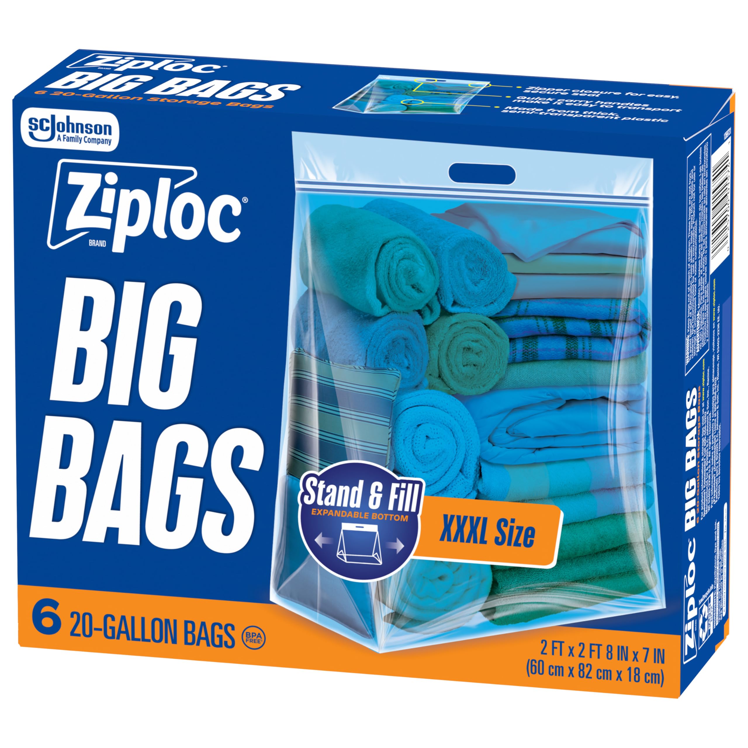 Amazon.com: Ziploc Big Bags, 20 Gallon XXXL Reusable Storage Bags
