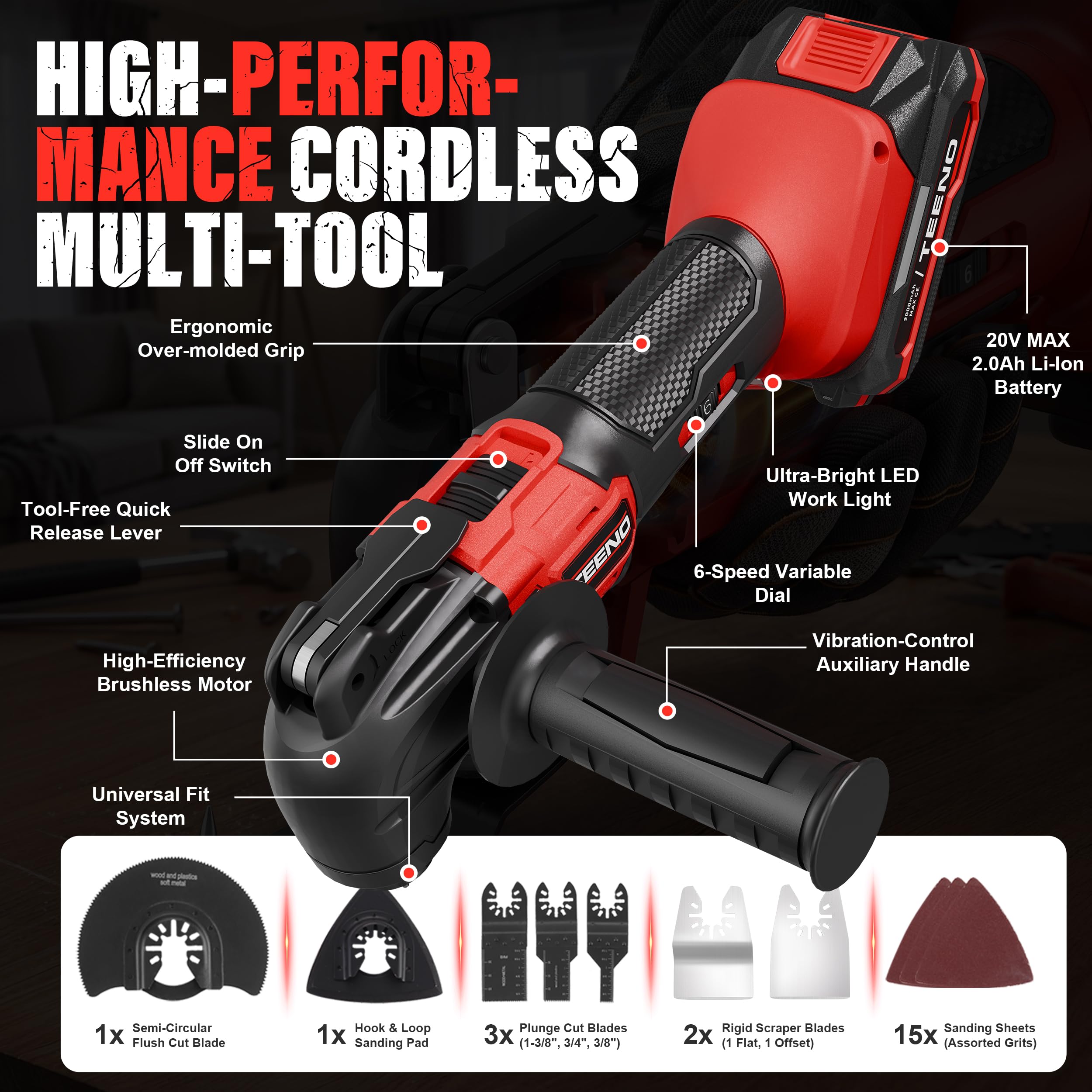 TEENO Outil Multifonction Oscillant Sans Fil 20V, Brushless Outil Multifonction Sans Fil, 6 Vitesses Variables, 8500-21000 tr/min, Chargeur, Angle Oscillant 4°, Pour Racler, Polir, Couper