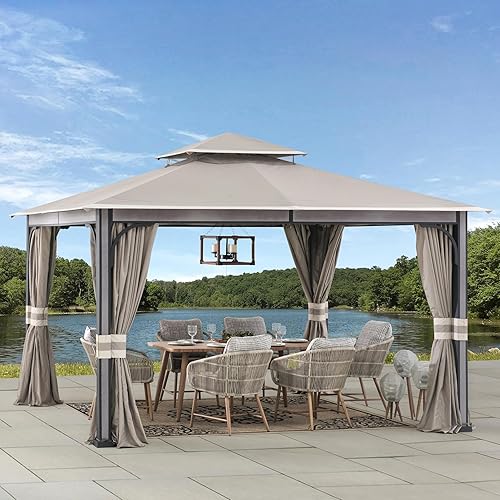 Sunjoy Howards SummerCove - Cenador de acero para patio al aire libre, 11 x 13 pies, 2 niveles con techo de dosel gris oscuro, red y cortinas