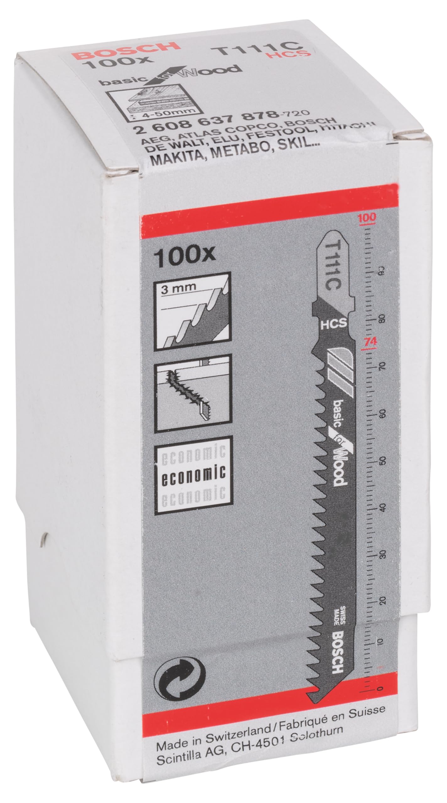 Bosch Professional 100 x Hojas de sierra de calar T 111 C (para Madera blanda, corte recto, accesorios Sierra de calar)