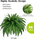 48" Large Artificial Boston Fern Plants for Outdoor Indoor, Fake Ferns for Front Porch Hanging, Faux Greenery Bushes for Home Garden Office Decor, Silk Fern with Realistic Fronds, 88 Branches