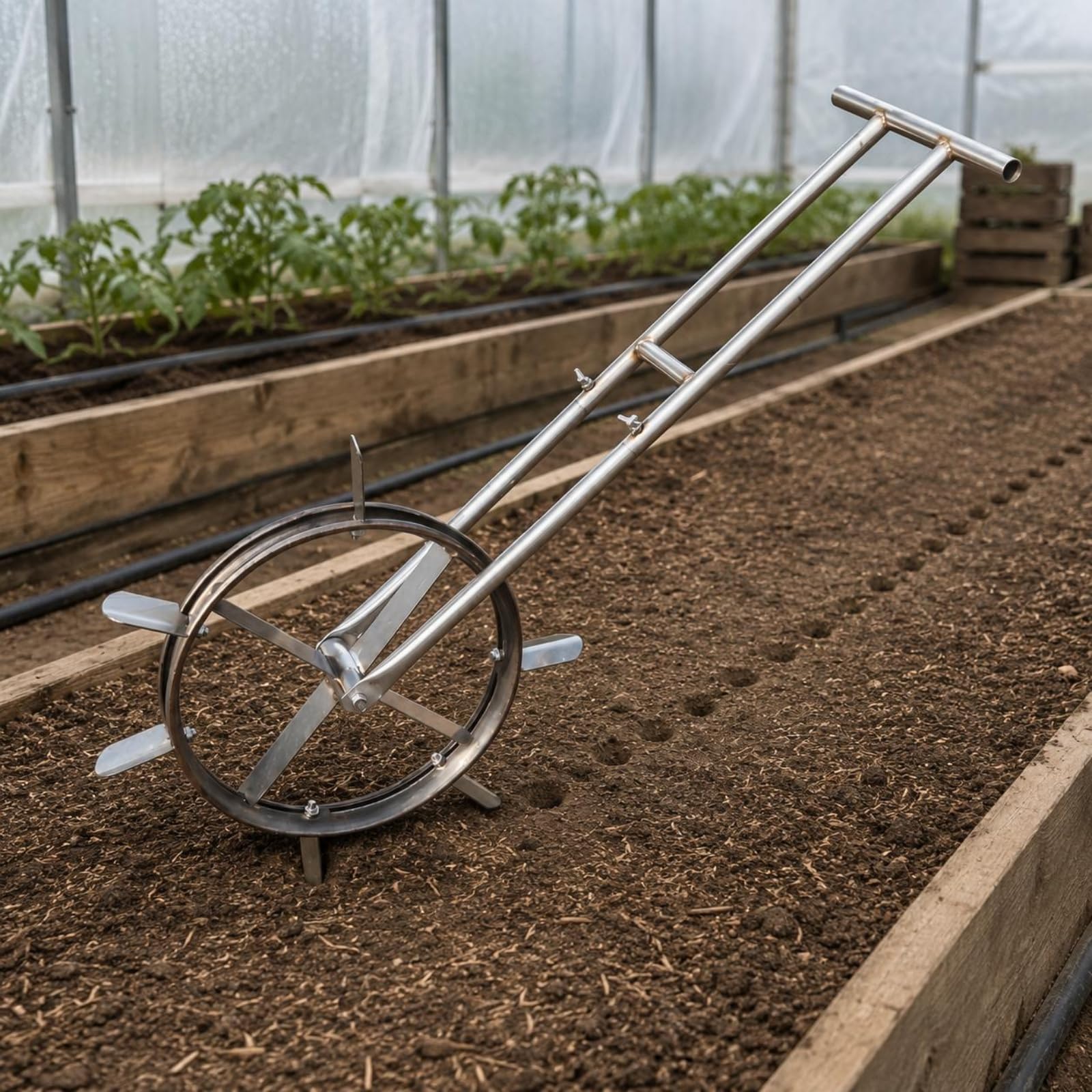 perfeclan Dispositivo de Siembra Ajustable Herramienta Manual para Hileras Abreagujeros de Campo Rueda Cultivadora con Dientes Implemento de Metal con Control Preciso Adecuado para Granja Campo