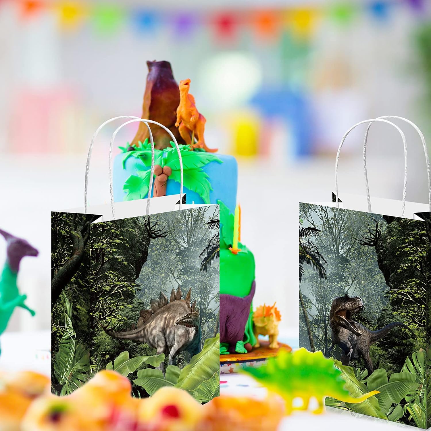 Sinmoe 24 Pcs Dinosaur Party Favor Bags with Handles Green Dino Candy Treat Goodies Paper Gift Bags Jurassic Dinosaur Themed Birthday Party Decor Supplies, 2 Designs - Image 6