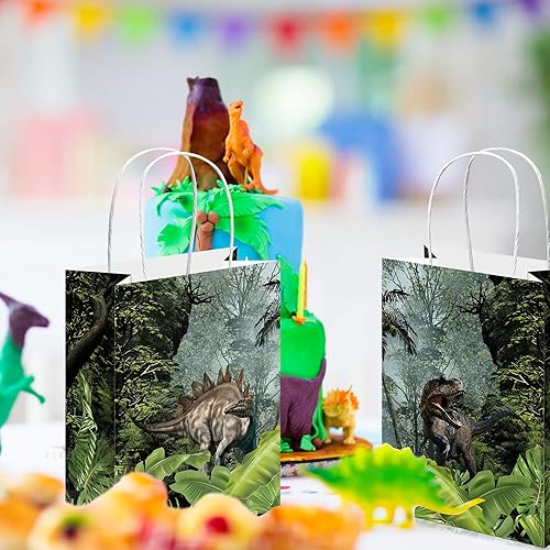 Miniatura 6 de Sinmoe 24 bolsas de recuerdo de fiesta de dinosaurios con asas, bolsas de papel de regalo de dinosaurio verde con temática de dinosaurios jurásicos,