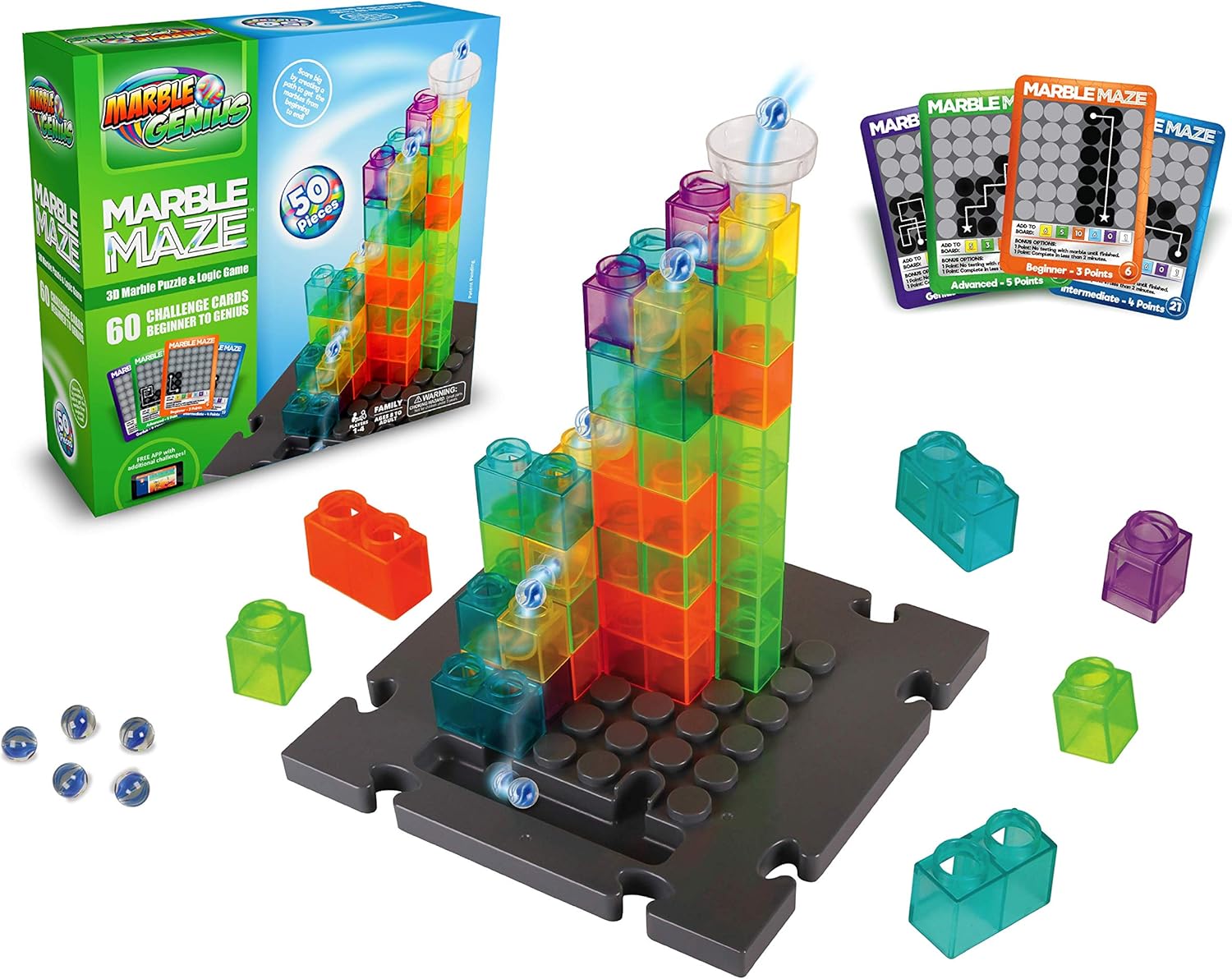 Amazon.com: Marble Genius Marble Maze - 50 Building Pieces + 60 Challenge Cards + Free App : Toys & Games
