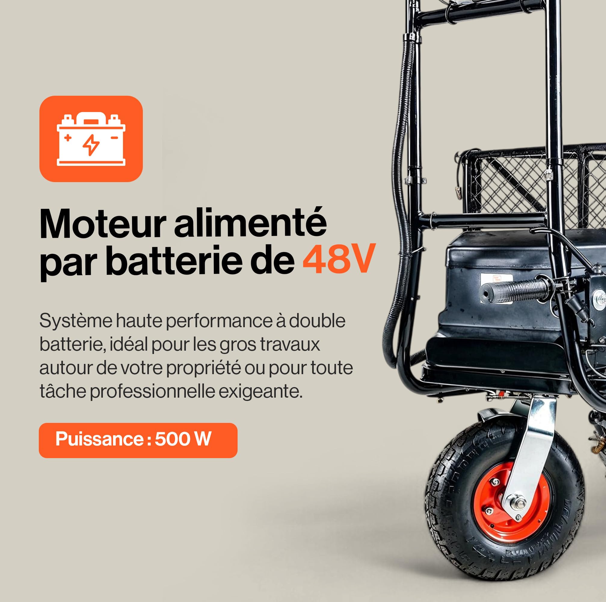 SuperHandy Brouette électrique 48 V, Charge 230 kg, Traction 460 kg | Batterie lithium-ion; chariot utilitaire pour ferme et jardin, conçu pour transporter facilement outils, terre et matériaux