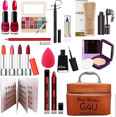 All In One Makeup kit Festive makeup set for Women contains: Lipsticks, 2 Nail polish, Liquid Foundation,Compact Powder, Bindi, Eyeshadow Palette,With Cosmetic box Etc. (PACK OF 18 PCS) A81