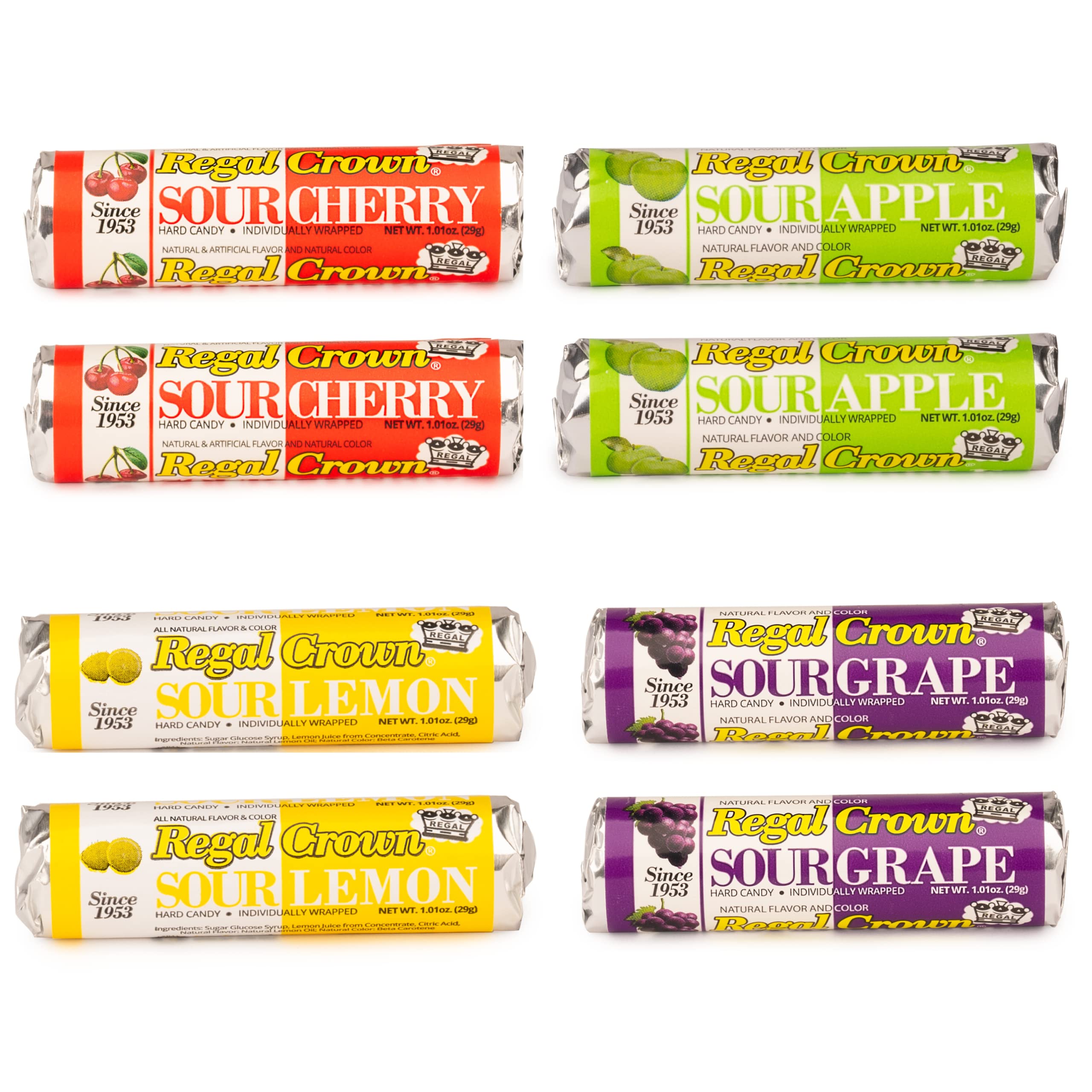 Regal Crown Sour Hard Candy Rolls Variety Pack | 8 Rolls | Old Fashioned Hard Candy | Traditional Tarte and Tangy Candy Brought To You By Iconic Candy | Two Sour Cherry Rolls + Two Sour Lemon Rolls + Two Sour Apple Rolls + Two Sour Grape Rolls | (Sour Cherry, Sour Apple, Sour Lemon, Sour Grape, 1.01oz Pack of 8)