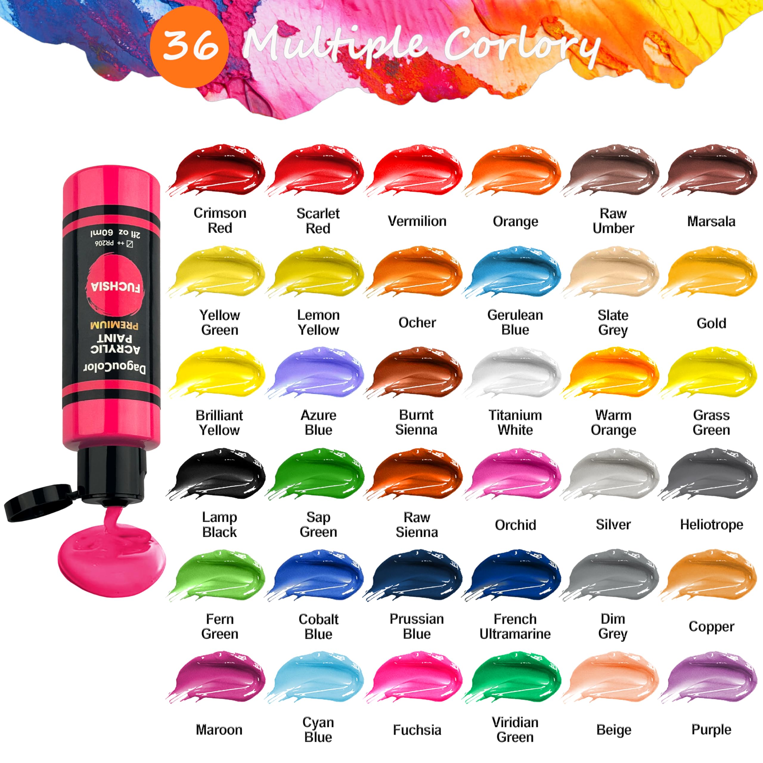 49 Sztuk Akrylowe Farby Zestaw - 36 Kolory * 2oz / 60ml Sztuka Rzemiosło Farby Butelki, 12 Szczotki, 1 Paleta, Artystów Artystycznych Materiałów Prezenty dla Artystów Dzieci Początkujących