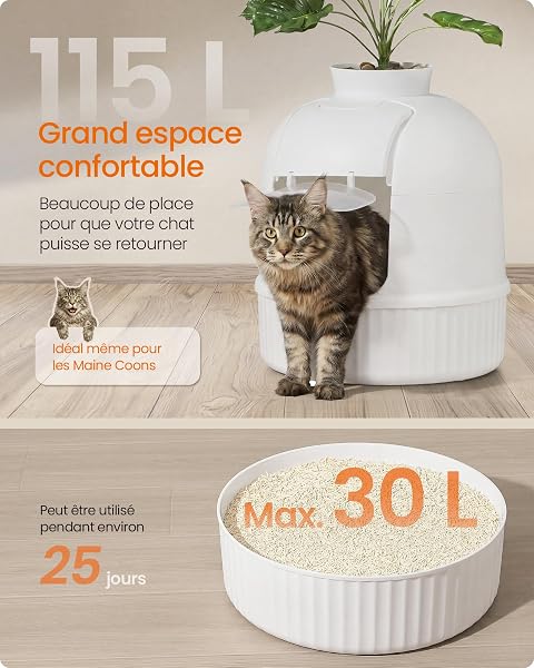 Feandrea Meuble Litière Chat, avec Fausse Plante, Bac à Litière pour Chat avec Porte, Filtre à Charbon, Contrôle des Odeurs, Galets Décoratifs, Pelle, Brosse, Blanc Nuage PPT006W101 - 3