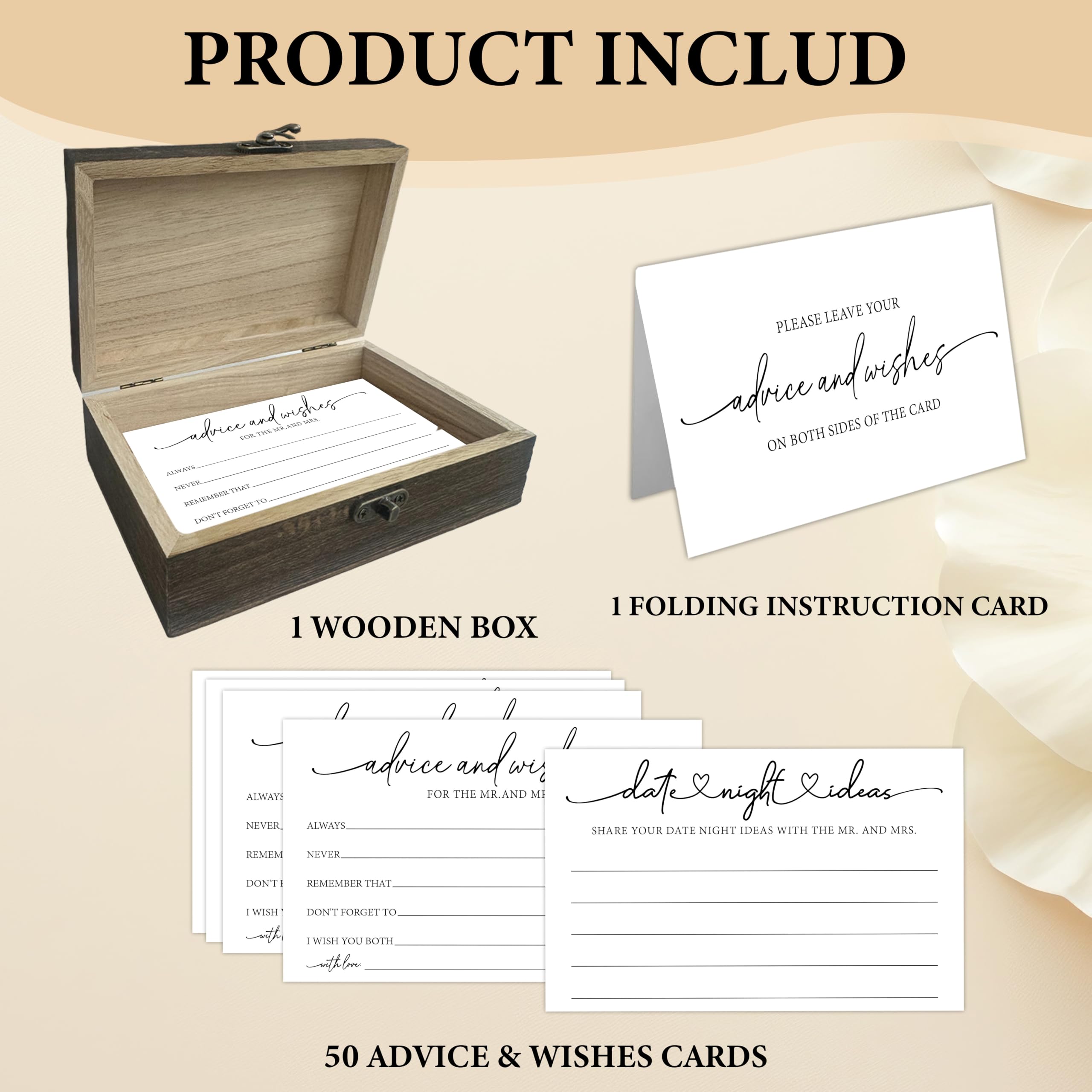Lot de 50 cartes de conseils de mariage avec boîte de réception – Minimalisme double face Conseils et souhaits pour le Mr et Mme – Décoration de fête prénuptiale et souvenir pour les jeunes mariés
