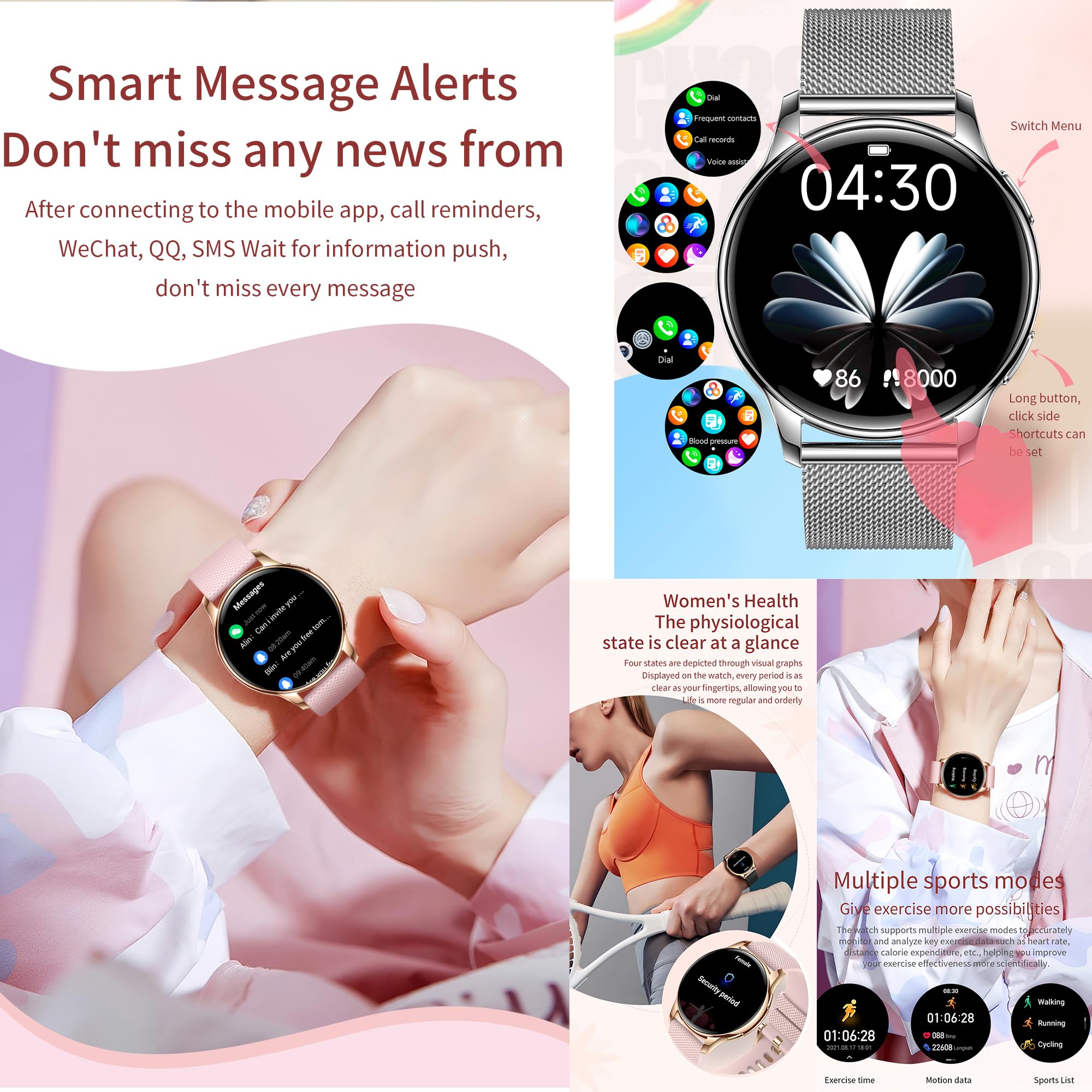 Smartwatche Kobiety z Funkcje Telefonu Bluetooth, Bateria 300 mAh, Sportowy Smartwatch 1,32" AMOLED ze 110+ trybami Sportowymi, Pomiarem Tętna, SpO2, Wodoodpornością dla Android iOS (Złoto)