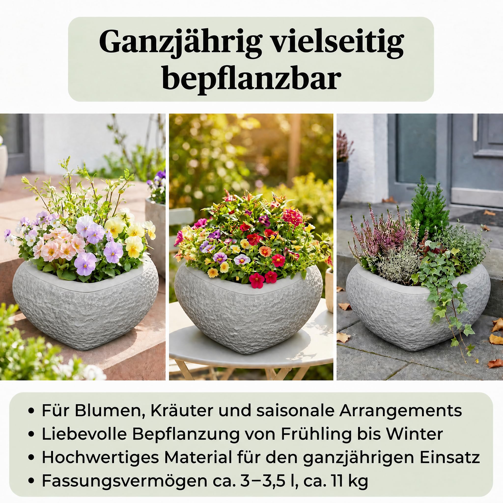 gartendekoparadies.de Vaso per Piante Solido Vaso per Fiori a Forma di Cuore, Altezza 13 cm, 30 x 30 cm, 3,5 Litri, Grigio, Peso 11 kg, in Pietra colata, Resistente al Gelo