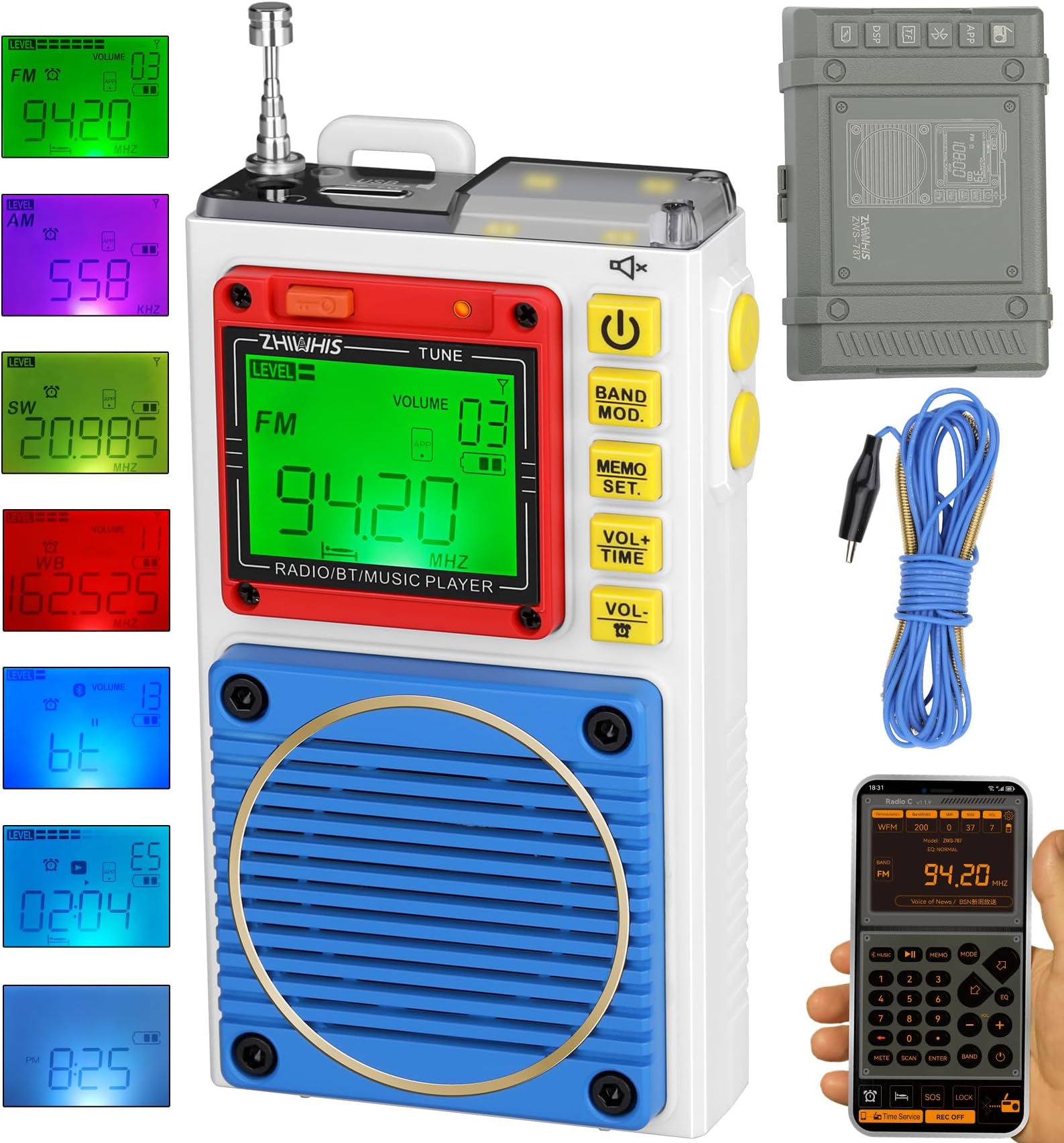 ZHIWHISShortwave Radio, Portable Weather Radios with 7 Backlight Colors and APP Control, AM FM VHF SW WB Receiver with Bluetooth, Radio Recording, 6 EQ Modes Rechargeable Flashlight SOS Alarm ZWS-787